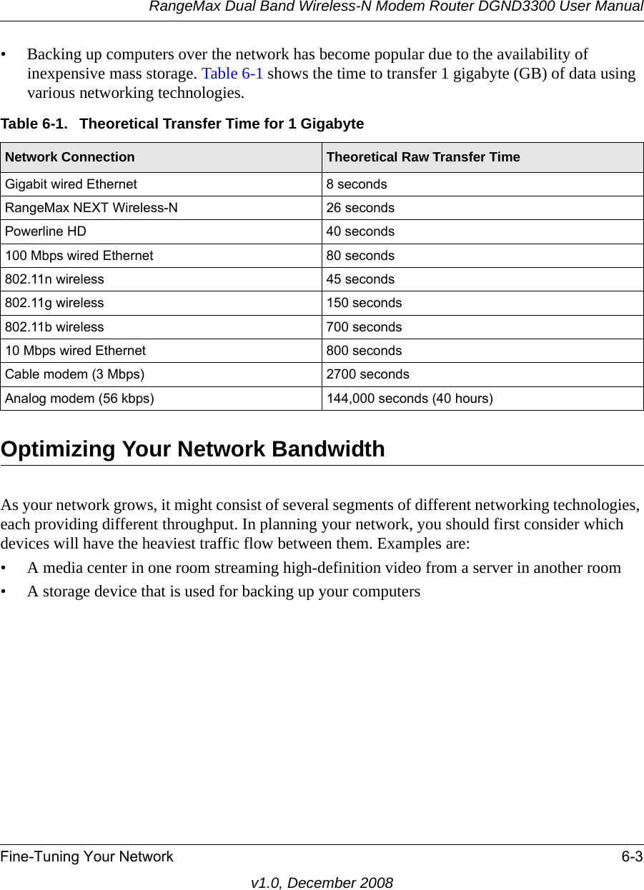 RangeMax Dual Band Wireless-N Modem Router DGND3300 User ManualFine-Tuning Your Network 6-3v1.0, December 2008• Backing up computers over the network has become popular due to the availability of inexpensive mass storage. Table 6-1 shows the time to transfer 1 gigabyte (GB) of data using various networking technologies.Optimizing Your Network BandwidthAs your network grows, it might consist of several segments of different networking technologies, each providing different throughput. In planning your network, you should first consider which devices will have the heaviest traffic flow between them. Examples are:• A media center in one room streaming high-definition video from a server in another room• A storage device that is used for backing up your computersTable 6-1.  Theoretical Transfer Time for 1 GigabyteNetwork Connection Theoretical Raw Transfer TimeGigabit wired Ethernet 8 secondsRangeMax NEXT Wireless-N 26 secondsPowerline HD 40 seconds100 Mbps wired Ethernet 80 seconds802.11n wireless 45 seconds802.11g wireless 150 seconds802.11b wireless 700 seconds10 Mbps wired Ethernet 800 secondsCable modem (3 Mbps) 2700 secondsAnalog modem (56 kbps) 144,000 seconds (40 hours)