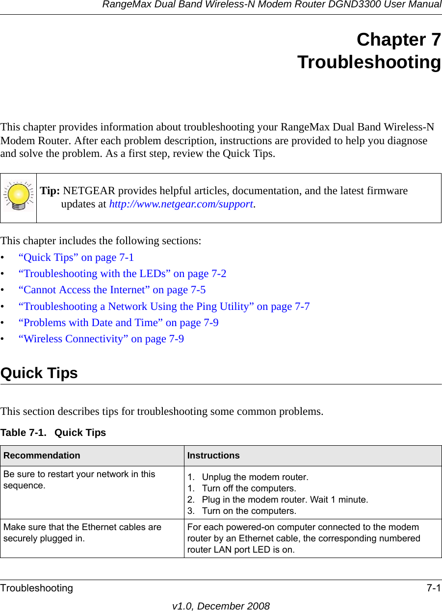 RangeMax Dual Band Wireless-N Modem Router DGND3300 User ManualTroubleshooting 7-1v1.0, December 2008Chapter 7TroubleshootingThis chapter provides information about troubleshooting your RangeMax Dual Band Wireless-N Modem Router. After each problem description, instructions are provided to help you diagnose and solve the problem. As a first step, review the Quick Tips.This chapter includes the following sections:•“Quick Tips” on page 7-1•“Troubleshooting with the LEDs” on page 7-2•“Cannot Access the Internet” on page 7-5•“Troubleshooting a Network Using the Ping Utility” on page 7-7•“Problems with Date and Time” on page 7-9•“Wireless Connectivity” on page 7-9Quick TipsThis section describes tips for troubleshooting some common problems.Tip: NETGEAR provides helpful articles, documentation, and the latest firmware updates at http://www.netgear.com/support.Table 7-1.  Quick Tips Recommendation InstructionsBe sure to restart your network in this sequence. 1. Unplug the modem router. 1. Turn off the computers.2. Plug in the modem router. Wait 1 minute.3. Turn on the computers. Make sure that the Ethernet cables are securely plugged in. For each powered-on computer connected to the modem router by an Ethernet cable, the corresponding numbered router LAN port LED is on. 