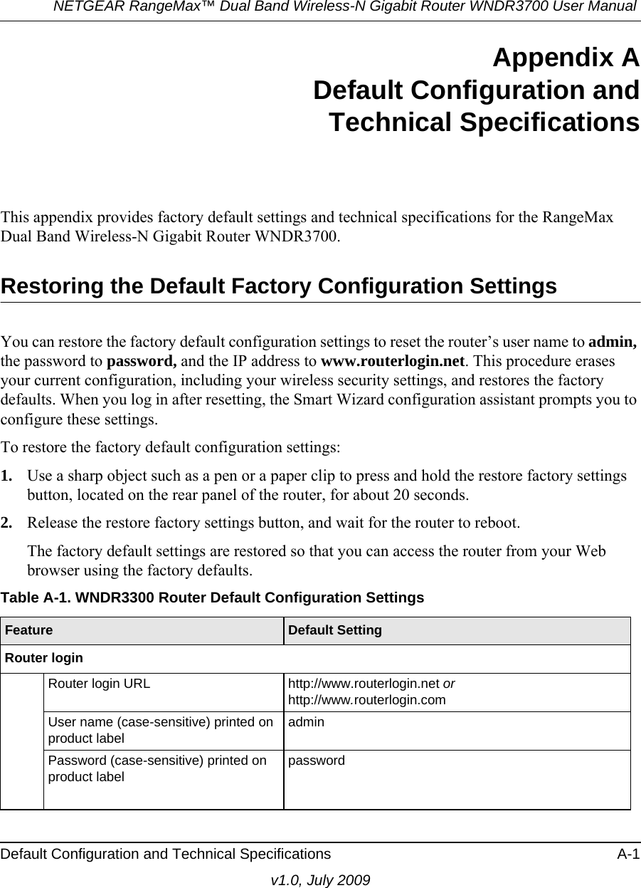 NETGEAR RangeMax™ Dual Band Wireless-N Gigabit Router WNDR3700 User Manual Default Configuration and Technical Specifications A-1v1.0, July 2009Appendix ADefault Configuration andTechnical SpecificationsThis appendix provides factory default settings and technical specifications for the RangeMax Dual Band Wireless-N Gigabit Router WNDR3700.Restoring the Default Factory Configuration SettingsYou can restore the factory default configuration settings to reset the router’s user name to admin, the password to password, and the IP address to www.routerlogin.net. This procedure erases your current configuration, including your wireless security settings, and restores the factory defaults. When you log in after resetting, the Smart Wizard configuration assistant prompts you to configure these settings.To restore the factory default configuration settings:1. Use a sharp object such as a pen or a paper clip to press and hold the restore factory settings button, located on the rear panel of the router, for about 20 seconds.2. Release the restore factory settings button, and wait for the router to reboot. The factory default settings are restored so that you can access the router from your Web browser using the factory defaults.Table A-1. WNDR3300 Router Default Configuration Settings Feature Default SettingRouter loginRouter login URL http://www.routerlogin.net or http://www.routerlogin.comUser name (case-sensitive) printed on product labeladminPassword (case-sensitive) printed on product labelpassword