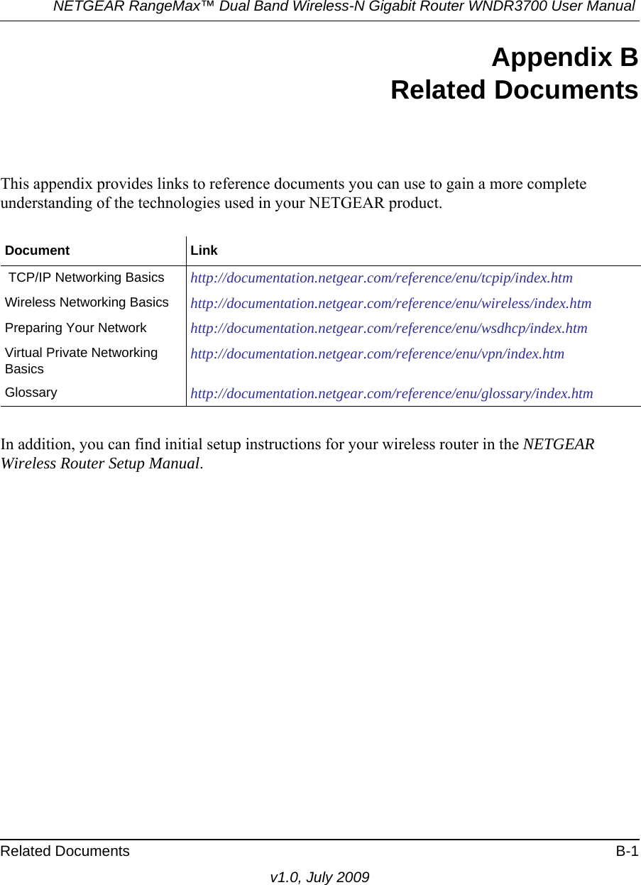 NETGEAR RangeMax™ Dual Band Wireless-N Gigabit Router WNDR3700 User Manual Related Documents B-1v1.0, July 2009Appendix BRelated DocumentsThis appendix provides links to reference documents you can use to gain a more complete understanding of the technologies used in your NETGEAR product.In addition, you can find initial setup instructions for your wireless router in the NETGEAR Wireless Router Setup Manual.Document Link TCP/IP Networking Basics http://documentation.netgear.com/reference/enu/tcpip/index.htmWireless Networking Basics http://documentation.netgear.com/reference/enu/wireless/index.htmPreparing Your Network  http://documentation.netgear.com/reference/enu/wsdhcp/index.htmVirtual Private Networking Basics http://documentation.netgear.com/reference/enu/vpn/index.htmGlossary http://documentation.netgear.com/reference/enu/glossary/index.htm