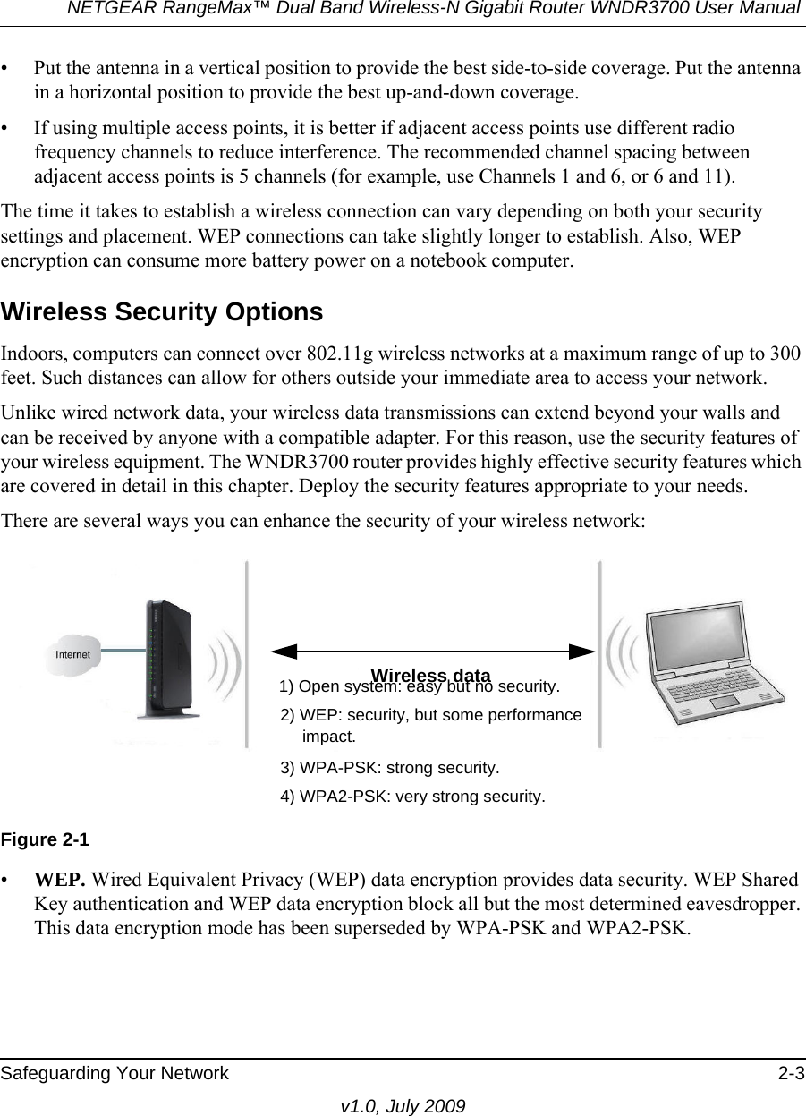 NETGEAR RangeMax™ Dual Band Wireless-N Gigabit Router WNDR3700 User Manual Safeguarding Your Network 2-3v1.0, July 2009• Put the antenna in a vertical position to provide the best side-to-side coverage. Put the antenna in a horizontal position to provide the best up-and-down coverage. • If using multiple access points, it is better if adjacent access points use different radio frequency channels to reduce interference. The recommended channel spacing between adjacent access points is 5 channels (for example, use Channels 1 and 6, or 6 and 11).The time it takes to establish a wireless connection can vary depending on both your security settings and placement. WEP connections can take slightly longer to establish. Also, WEP encryption can consume more battery power on a notebook computer.Wireless Security OptionsIndoors, computers can connect over 802.11g wireless networks at a maximum range of up to 300 feet. Such distances can allow for others outside your immediate area to access your network.Unlike wired network data, your wireless data transmissions can extend beyond your walls and can be received by anyone with a compatible adapter. For this reason, use the security features of your wireless equipment. The WNDR3700 router provides highly effective security features which are covered in detail in this chapter. Deploy the security features appropriate to your needs.There are several ways you can enhance the security of your wireless network:•WEP. Wired Equivalent Privacy (WEP) data encryption provides data security. WEP Shared Key authentication and WEP data encryption block all but the most determined eavesdropper. This data encryption mode has been superseded by WPA-PSK and WPA2-PSK. Figure 2-1Wireless data1) Open system: easy but no security.2) WEP: security, but some performance 3) WPA-PSK: strong security.4) WPA2-PSK: very strong security.impact.