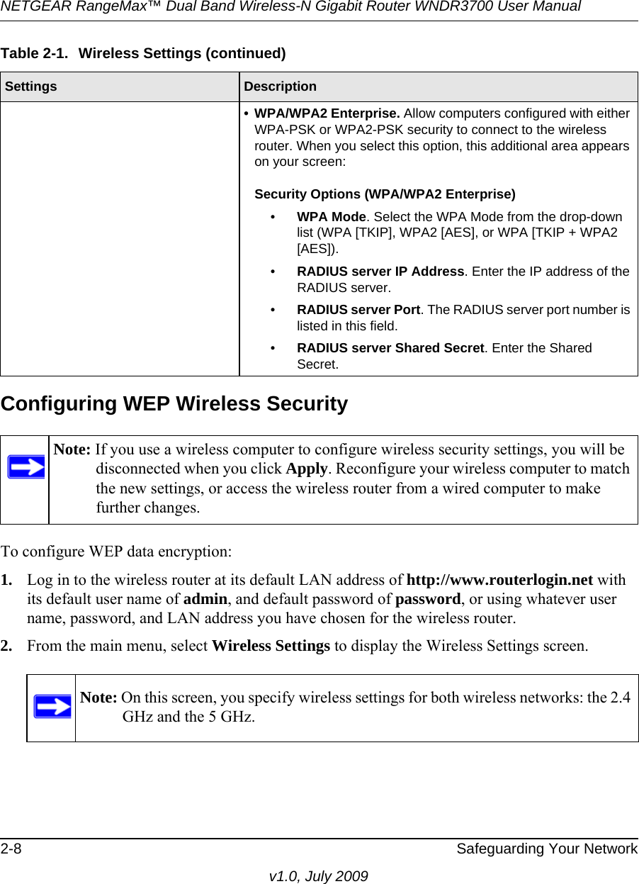 NETGEAR RangeMax™ Dual Band Wireless-N Gigabit Router WNDR3700 User Manual 2-8 Safeguarding Your Networkv1.0, July 2009Configuring WEP Wireless SecurityTo configure WEP data encryption:1. Log in to the wireless router at its default LAN address of http://www.routerlogin.net with its default user name of admin, and default password of password, or using whatever user name, password, and LAN address you have chosen for the wireless router.2. From the main menu, select Wireless Settings to display the Wireless Settings screen.• WPA/WPA2 Enterprise. Allow computers configured with either WPA-PSK or WPA2-PSK security to connect to the wireless router. When you select this option, this additional area appears on your screen:Security Options (WPA/WPA2 Enterprise)•WPA Mode. Select the WPA Mode from the drop-down list (WPA [TKIP], WPA2 [AES], or WPA [TKIP + WPA2 [AES]).•RADIUS server IP Address. Enter the IP address of the RADIUS server.•RADIUS server Port. The RADIUS server port number is listed in this field.•RADIUS server Shared Secret. Enter the Shared Secret.Note: If you use a wireless computer to configure wireless security settings, you will be disconnected when you click Apply. Reconfigure your wireless computer to match the new settings, or access the wireless router from a wired computer to make further changes.Note: On this screen, you specify wireless settings for both wireless networks: the 2.4 GHz and the 5 GHz.Table 2-1.  Wireless Settings (continued)Settings Description