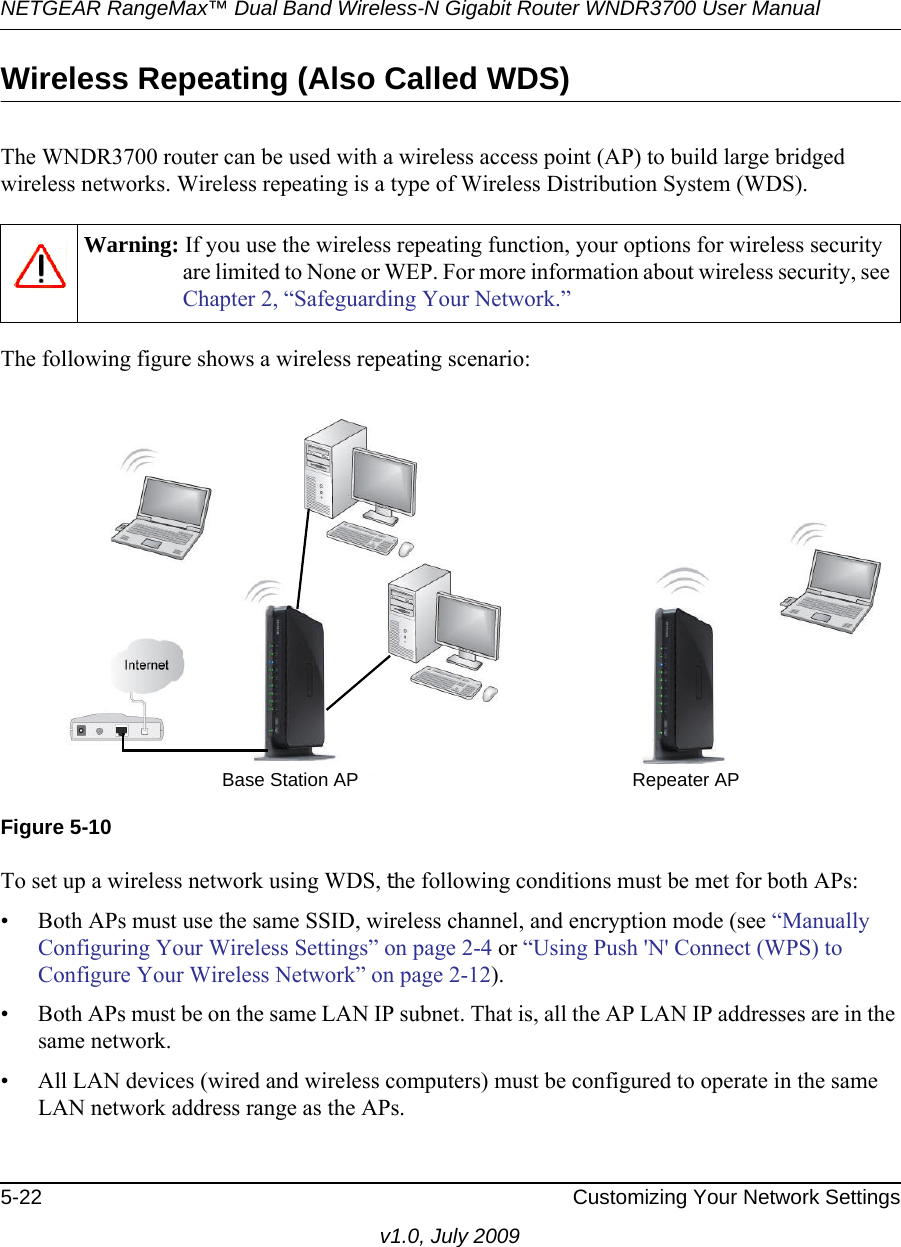 NETGEAR RangeMax™ Dual Band Wireless-N Gigabit Router WNDR3700 User Manual 5-22 Customizing Your Network Settingsv1.0, July 2009Wireless Repeating (Also Called WDS)The WNDR3700 router can be used with a wireless access point (AP) to build large bridged wireless networks. Wireless repeating is a type of Wireless Distribution System (WDS).The following figure shows a wireless repeating scenario: To set up a wireless network using WDS, the following conditions must be met for both APs:• Both APs must use the same SSID, wireless channel, and encryption mode (see “Manually Configuring Your Wireless Settings” on page 2-4 or “Using Push &apos;N&apos; Connect (WPS) to Configure Your Wireless Network” on page 2-12).• Both APs must be on the same LAN IP subnet. That is, all the AP LAN IP addresses are in the same network.• All LAN devices (wired and wireless computers) must be configured to operate in the same LAN network address range as the APs.Warning: If you use the wireless repeating function, your options for wireless security are limited to None or WEP. For more information about wireless security, see Chapter 2, “Safeguarding Your Network.”Figure 5-10Repeater APBase Station AP