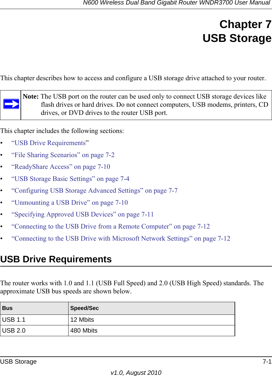 N600 Wireless Dual Band Gigabit Router WNDR3700 User Manual USB Storage 7-1v1.0, August 2010Chapter 7USB StorageThis chapter describes how to access and configure a USB storage drive attached to your router.This chapter includes the following sections:•“USB Drive Requirements” •“File Sharing Scenarios” on page 7-2 •“ReadyShare Access” on page 7-10 •“USB Storage Basic Settings” on page 7-4 •“Configuring USB Storage Advanced Settings” on page 7-7 •“Unmounting a USB Drive” on page 7-10 •“Specifying Approved USB Devices” on page 7-11 •“Connecting to the USB Drive from a Remote Computer” on page 7-12 •“Connecting to the USB Drive with Microsoft Network Settings” on page 7-12 USB Drive RequirementsThe router works with 1.0 and 1.1 (USB Full Speed) and 2.0 (USB High Speed) standards. The approximate USB bus speeds are shown below.Note: The USB port on the router can be used only to connect USB storage devices like flash drives or hard drives. Do not connect computers, USB modems, printers, CD drives, or DVD drives to the router USB port.Bus Speed/SecUSB 1.1 12 MbitsUSB 2.0 480 Mbits