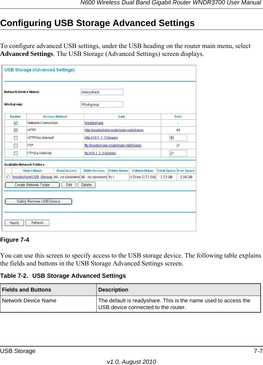 N600 Wireless Dual Band Gigabit Router WNDR3700 User Manual USB Storage 7-7v1.0, August 2010Configuring USB Storage Advanced SettingsTo configure advanced USB settings, under the USB heading on the router main menu, select Advanced Settings. The USB Storage (Advanced Settings) screen displays.You can use this screen to specify access to the USB storage device. The following table explains the fields and buttons in the USB Storage Advanced Settings screen.Figure 7-4Table 7-2.  USB Storage Advanced SettingsFields and Buttons DescriptionNetwork Device Name The default is readyshare. This is the name used to access the USB device connected to the router. 