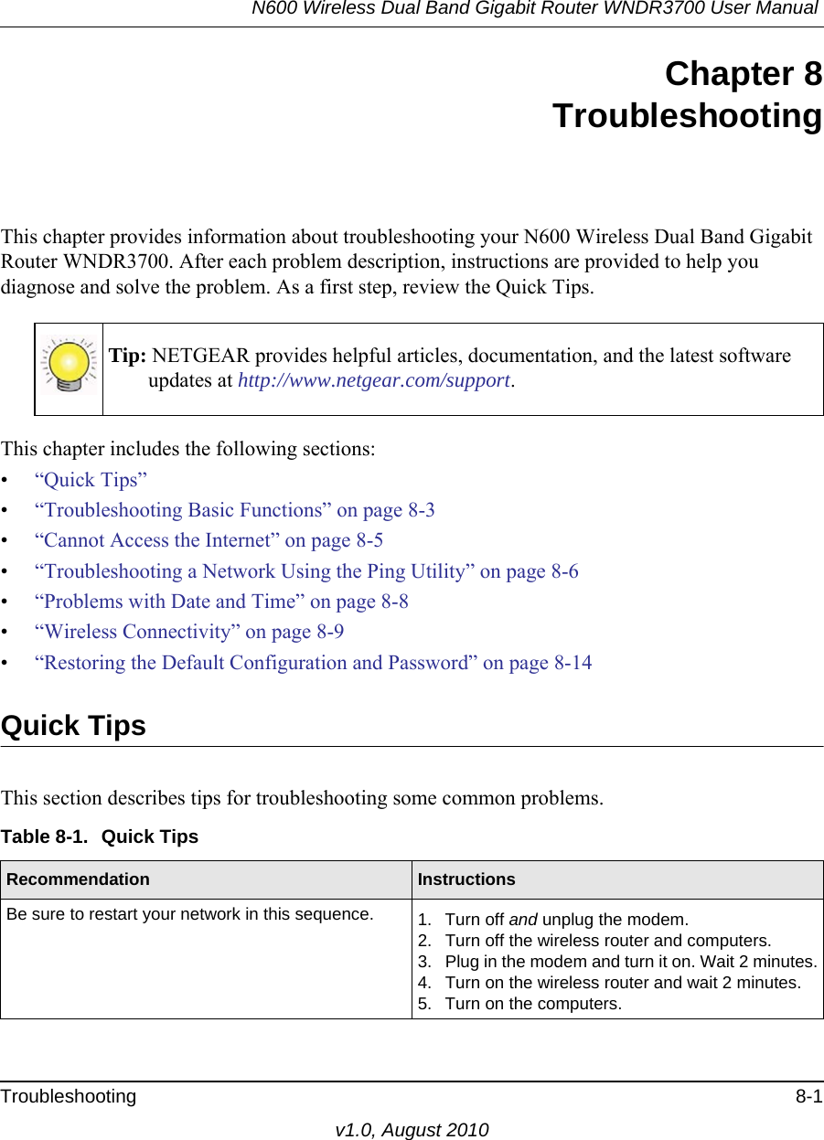 N600 Wireless Dual Band Gigabit Router WNDR3700 User Manual Troubleshooting 8-1v1.0, August 2010Chapter 8TroubleshootingThis chapter provides information about troubleshooting your N600 Wireless Dual Band Gigabit Router WNDR3700. After each problem description, instructions are provided to help you diagnose and solve the problem. As a first step, review the Quick Tips.This chapter includes the following sections:•“Quick Tips”•“Troubleshooting Basic Functions” on page 8-3•“Cannot Access the Internet” on page 8-5•“Troubleshooting a Network Using the Ping Utility” on page 8-6•“Problems with Date and Time” on page 8-8•“Wireless Connectivity” on page 8-9•“Restoring the Default Configuration and Password” on page 8-14Quick TipsThis section describes tips for troubleshooting some common problems.Tip: NETGEAR provides helpful articles, documentation, and the latest software updates at http://www.netgear.com/support.Table 8-1.  Quick Tips  Recommendation InstructionsBe sure to restart your network in this sequence. 1. Turn off and unplug the modem. 2. Turn off the wireless router and computers.3. Plug in the modem and turn it on. Wait 2 minutes.4. Turn on the wireless router and wait 2 minutes.5. Turn on the computers. 