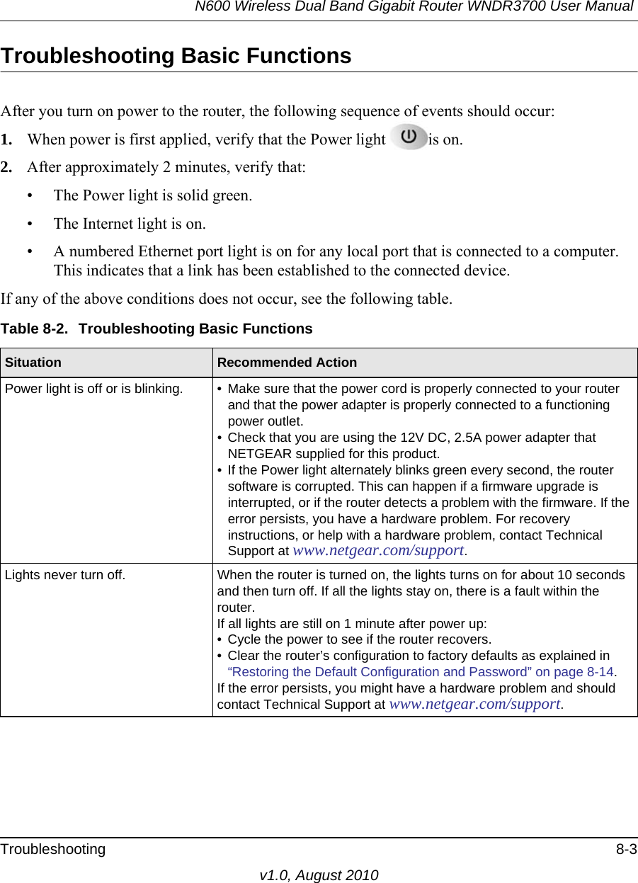 N600 Wireless Dual Band Gigabit Router WNDR3700 User Manual Troubleshooting 8-3v1.0, August 2010Troubleshooting Basic FunctionsAfter you turn on power to the router, the following sequence of events should occur:1. When power is first applied, verify that the Power light  is on.2. After approximately 2 minutes, verify that:• The Power light is solid green.• The Internet light is on.• A numbered Ethernet port light is on for any local port that is connected to a computer. This indicates that a link has been established to the connected device.If any of the above conditions does not occur, see the following table.Table 8-2.  Troubleshooting Basic FunctionsSituation Recommended ActionPower light is off or is blinking. • Make sure that the power cord is properly connected to your router and that the power adapter is properly connected to a functioning power outlet. • Check that you are using the 12V DC, 2.5A power adapter that NETGEAR supplied for this product.• If the Power light alternately blinks green every second, the router software is corrupted. This can happen if a firmware upgrade is interrupted, or if the router detects a problem with the firmware. If the error persists, you have a hardware problem. For recovery instructions, or help with a hardware problem, contact Technical Support at www.netgear.com/support.Lights never turn off. When the router is turned on, the lights turns on for about 10 seconds and then turn off. If all the lights stay on, there is a fault within the router.If all lights are still on 1 minute after power up:• Cycle the power to see if the router recovers.• Clear the router’s configuration to factory defaults as explained in “Restoring the Default Configuration and Password” on page 8-14.If the error persists, you might have a hardware problem and should contact Technical Support at www.netgear.com/support.