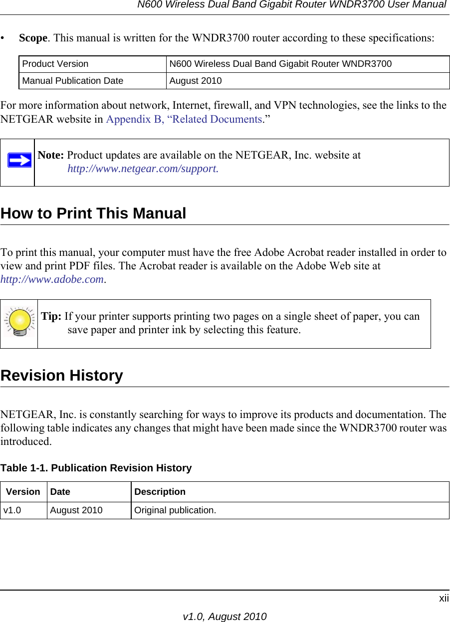 N600 Wireless Dual Band Gigabit Router WNDR3700 User Manual xiiv1.0, August 2010•Scope. This manual is written for the WNDR3700 router according to these specifications:For more information about network, Internet, firewall, and VPN technologies, see the links to the NETGEAR website in Appendix B, “Related Documents.”  How to Print This ManualTo print this manual, your computer must have the free Adobe Acrobat reader installed in order to view and print PDF files. The Acrobat reader is available on the Adobe Web site at http://www.adobe.com.Revision HistoryNETGEAR, Inc. is constantly searching for ways to improve its products and documentation. The following table indicates any changes that might have been made since the WNDR3700 router was introduced.Product Version N600 Wireless Dual Band Gigabit Router WNDR3700Manual Publication Date August 2010Note: Product updates are available on the NETGEAR, Inc. website athttp://www.netgear.com/support.Tip: If your printer supports printing two pages on a single sheet of paper, you can save paper and printer ink by selecting this feature.Table 1-1. Publication Revision History Version Date Descriptionv1.0 August 2010 Original publication.