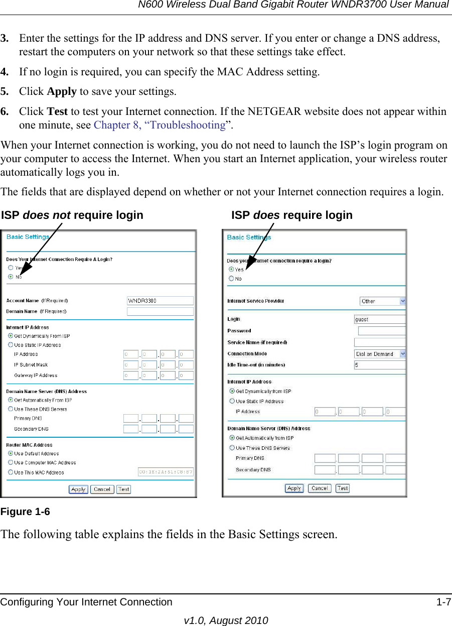 N600 Wireless Dual Band Gigabit Router WNDR3700 User Manual Configuring Your Internet Connection 1-7v1.0, August 20103. Enter the settings for the IP address and DNS server. If you enter or change a DNS address, restart the computers on your network so that these settings take effect.4. If no login is required, you can specify the MAC Address setting.5. Click Apply to save your settings.6. Click Test to test your Internet connection. If the NETGEAR website does not appear within one minute, see Chapter 8, “Troubleshooting”.When your Internet connection is working, you do not need to launch the ISP’s login program on your computer to access the Internet. When you start an Internet application, your wireless router automatically logs you in.The fields that are displayed depend on whether or not your Internet connection requires a login.The following table explains the fields in the Basic Settings screen. Figure 1-6ISP does not require login ISP does require login