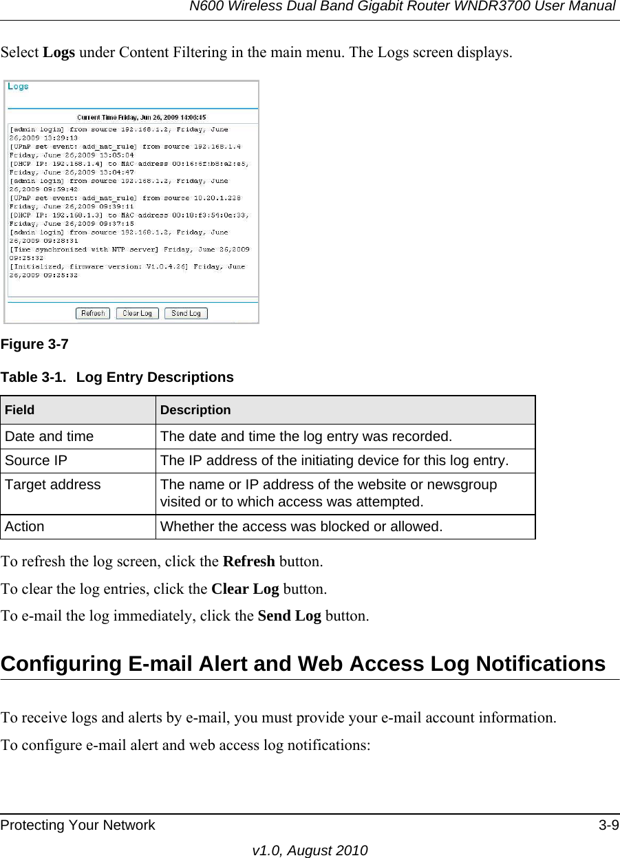 N600 Wireless Dual Band Gigabit Router WNDR3700 User Manual Protecting Your Network 3-9v1.0, August 2010Select Logs under Content Filtering in the main menu. The Logs screen displays.To refresh the log screen, click the Refresh button.To clear the log entries, click the Clear Log button.To e-mail the log immediately, click the Send Log button.Configuring E-mail Alert and Web Access Log NotificationsTo receive logs and alerts by e-mail, you must provide your e-mail account information. To configure e-mail alert and web access log notifications:Figure 3-7Table 3-1.  Log Entry DescriptionsField DescriptionDate and time The date and time the log entry was recorded.Source IP The IP address of the initiating device for this log entry.Target address The name or IP address of the website or newsgroup visited or to which access was attempted.Action Whether the access was blocked or allowed.