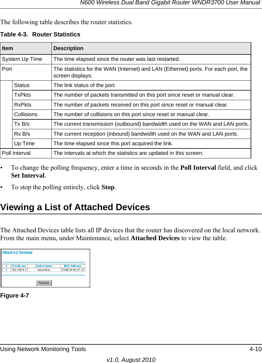 N600 Wireless Dual Band Gigabit Router WNDR3700 User Manual Using Network Monitoring Tools 4-10v1.0, August 2010The following table describes the router statistics.• To change the polling frequency, enter a time in seconds in the Poll Interval field, and click Set Interval.• To stop the polling entirely, click Stop.Viewing a List of Attached DevicesThe Attached Devices table lists all IP devices that the router has discovered on the local network. From the main menu, under Maintenance, select Attached Devices to view the table. Table 4-3.  Router Statistics  Item DescriptionSystem Up Time The time elapsed since the router was last restarted.Port The statistics for the WAN (Internet) and LAN (Ethernet) ports. For each port, the screen displays:Status The link status of the port.TxPkts The number of packets transmitted on this port since reset or manual clear.RxPkts The number of packets received on this port since reset or manual clear.Collisions The number of collisions on this port since reset or manual clear.Tx B/s The current transmission (outbound) bandwidth used on the WAN and LAN ports.Rx B/s The current reception (inbound) bandwidth used on the WAN and LAN ports.Up Time The time elapsed since this port acquired the link.Poll Interval The intervals at which the statistics are updated in this screen. Figure 4-7