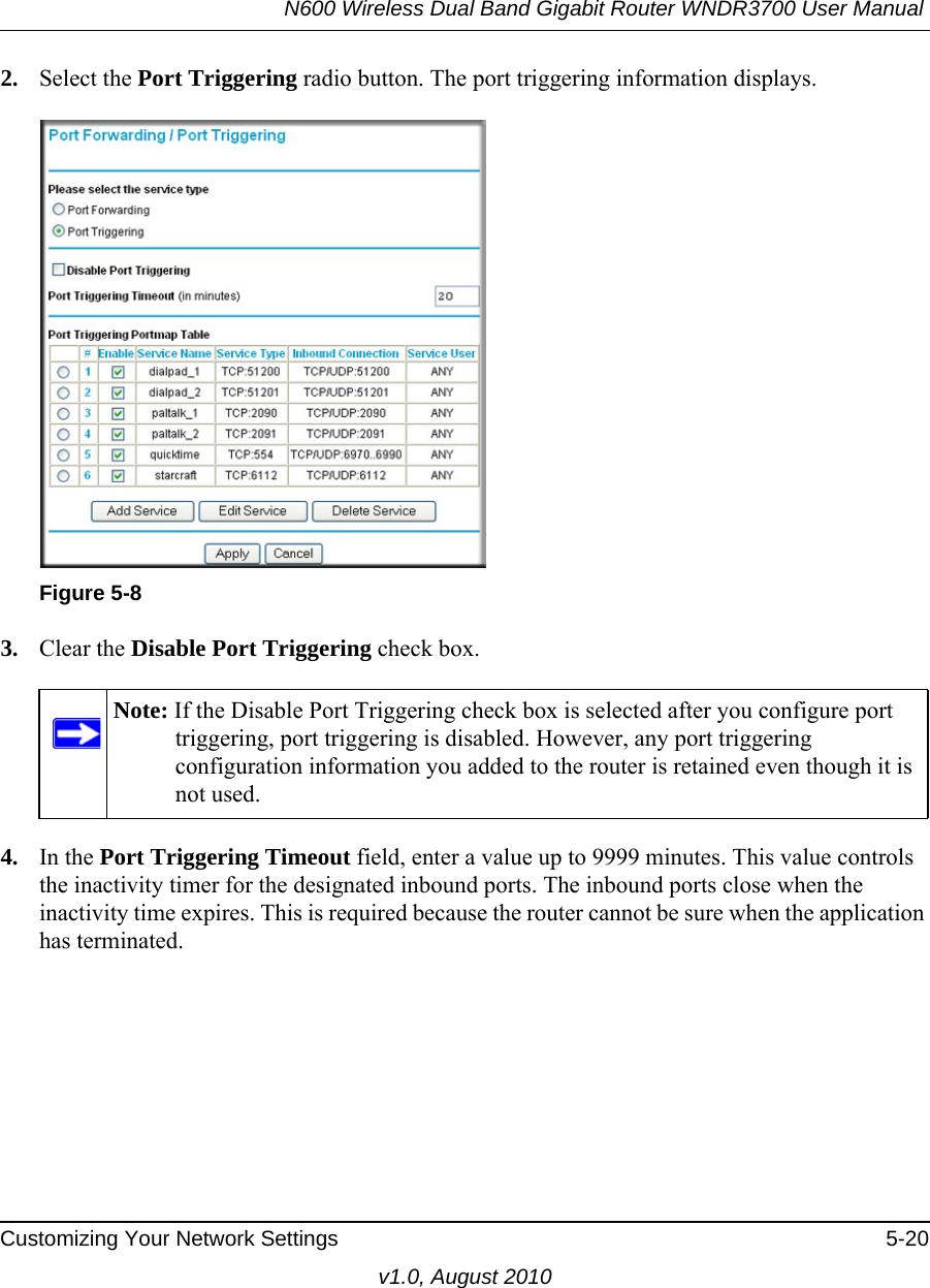 N600 Wireless Dual Band Gigabit Router WNDR3700 User Manual Customizing Your Network Settings 5-20v1.0, August 20102. Select the Port Triggering radio button. The port triggering information displays.3. Clear the Disable Port Triggering check box.4. In the Port Triggering Timeout field, enter a value up to 9999 minutes. This value controls the inactivity timer for the designated inbound ports. The inbound ports close when the inactivity time expires. This is required because the router cannot be sure when the application has terminated.Figure 5-8Note: If the Disable Port Triggering check box is selected after you configure port triggering, port triggering is disabled. However, any port triggering configuration information you added to the router is retained even though it is not used.