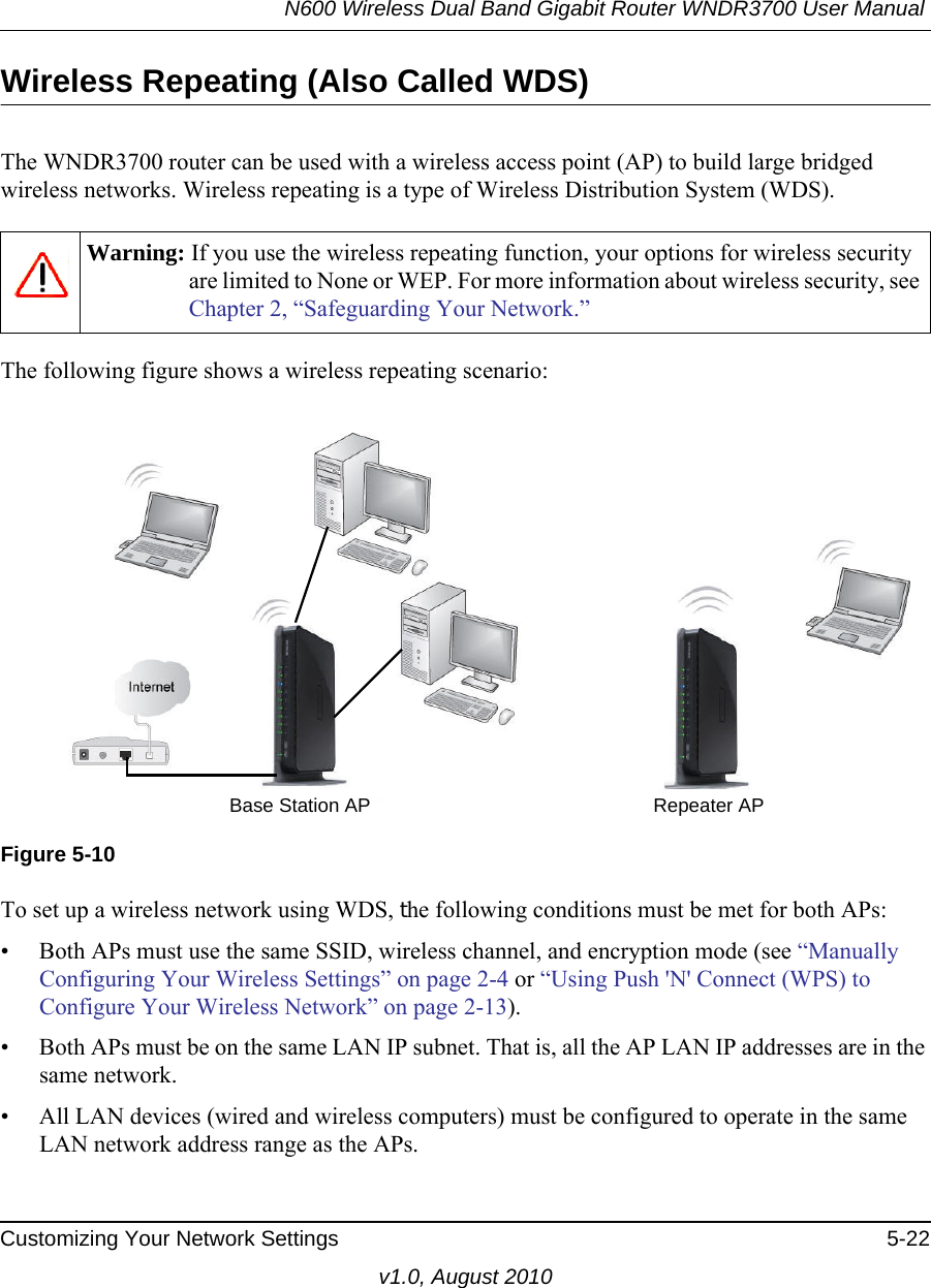 N600 Wireless Dual Band Gigabit Router WNDR3700 User Manual Customizing Your Network Settings 5-22v1.0, August 2010Wireless Repeating (Also Called WDS)The WNDR3700 router can be used with a wireless access point (AP) to build large bridged wireless networks. Wireless repeating is a type of Wireless Distribution System (WDS).The following figure shows a wireless repeating scenario: To set up a wireless network using WDS, the following conditions must be met for both APs:• Both APs must use the same SSID, wireless channel, and encryption mode (see “Manually Configuring Your Wireless Settings” on page 2-4 or “Using Push &apos;N&apos; Connect (WPS) to Configure Your Wireless Network” on page 2-13).• Both APs must be on the same LAN IP subnet. That is, all the AP LAN IP addresses are in the same network.• All LAN devices (wired and wireless computers) must be configured to operate in the same LAN network address range as the APs.Warning: If you use the wireless repeating function, your options for wireless security are limited to None or WEP. For more information about wireless security, see Chapter 2, “Safeguarding Your Network.”Figure 5-10Repeater APBase Station AP