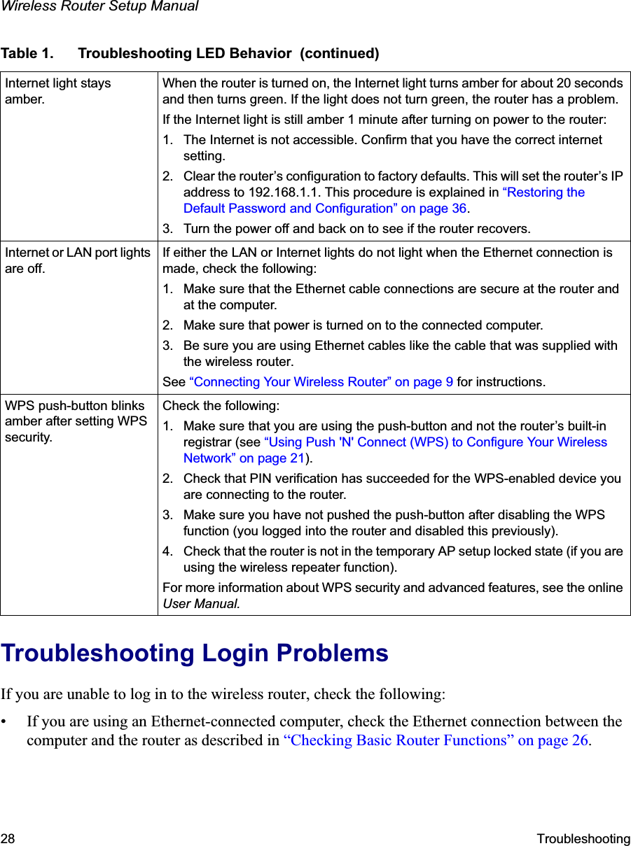 Wireless Router Setup Manual28 TroubleshootingTroubleshooting Login ProblemsIf you are unable to log in to the wireless router, check the following:• If you are using an Ethernet-connected computer, check the Ethernet connection between the computer and the router as described in “Checking Basic Router Functions” on page 26.Internet light stays amber.When the router is turned on, the Internet light turns amber for about 20 seconds and then turns green. If the light does not turn green, the router has a problem.If the Internet light is still amber 1 minute after turning on power to the router:1. The Internet is not accessible. Confirm that you have the correct internet setting. 2. Clear the router’s configuration to factory defaults. This will set the router’s IP address to 192.168.1.1. This procedure is explained in “Restoring the Default Password and Configuration” on page 36.3. Turn the power off and back on to see if the router recovers.Internet or LAN port lights are off.If either the LAN or Internet lights do not light when the Ethernet connection is made, check the following:1. Make sure that the Ethernet cable connections are secure at the router and at the computer.2. Make sure that power is turned on to the connected computer.3. Be sure you are using Ethernet cables like the cable that was supplied with the wireless router.See “Connecting Your Wireless Router” on page 9 for instructions.WPS push-button blinks amber after setting WPS security.Check the following:1. Make sure that you are using the push-button and not the router’s built-in registrar (see “Using Push &apos;N&apos; Connect (WPS) to Configure Your Wireless Network” on page 21).2. Check that PIN verification has succeeded for the WPS-enabled device you are connecting to the router.3. Make sure you have not pushed the push-button after disabling the WPS function (you logged into the router and disabled this previously).4. Check that the router is not in the temporary AP setup locked state (if you are using the wireless repeater function).For more information about WPS security and advanced features, see the online User Manual.Table 1.  Troubleshooting LED Behavior  (continued)