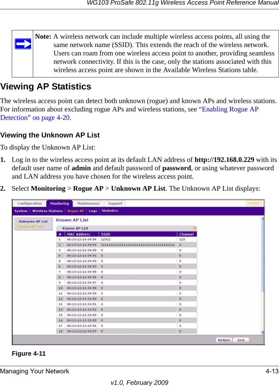 WG103 ProSafe 802.11g Wireless Access Point Reference ManualManaging Your Network 4-13v1.0, February 2009Viewing AP StatisticsThe wireless access point can detect both unknown (rogue) and known APs and wireless stations. For information about excluding rogue APs and wireless stations, see “Enabling Rogue AP Detection” on page 4-20.Viewing the Unknown AP ListTo display the Unknown AP List:1. Log in to the wireless access point at its default LAN address of http://192.168.0.229 with its default user name of admin and default password of password, or using whatever password and LAN address you have chosen for the wireless access point.2. Select Monitoring &gt; Rogue AP &gt; Unknown AP List. The Unknown AP List displays:Note: A wireless network can include multiple wireless access points, all using the same network name (SSID). This extends the reach of the wireless network. Users can roam from one wireless access point to another, providing seamless network connectivity. If this is the case, only the stations associated with this wireless access point are shown in the Available Wireless Stations table.Figure 4-11