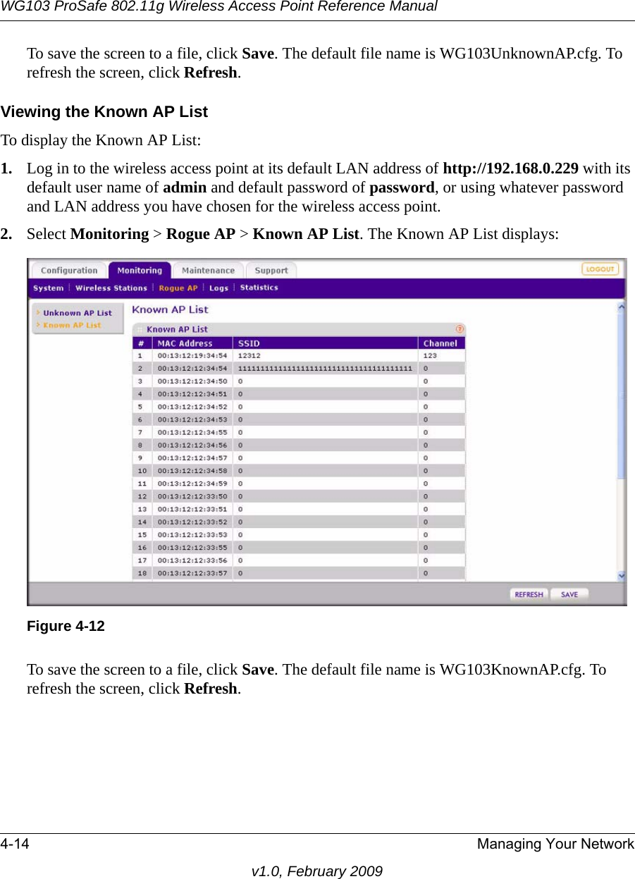 WG103 ProSafe 802.11g Wireless Access Point Reference Manual4-14 Managing Your Networkv1.0, February 2009To save the screen to a file, click Save. The default file name is WG103UnknownAP.cfg. To refresh the screen, click Refresh.Viewing the Known AP ListTo display the Known AP List:1. Log in to the wireless access point at its default LAN address of http://192.168.0.229 with its default user name of admin and default password of password, or using whatever password and LAN address you have chosen for the wireless access point.2. Select Monitoring &gt; Rogue AP &gt; Known AP List. The Known AP List displays:To save the screen to a file, click Save. The default file name is WG103KnownAP.cfg. To refresh the screen, click Refresh.Figure 4-12