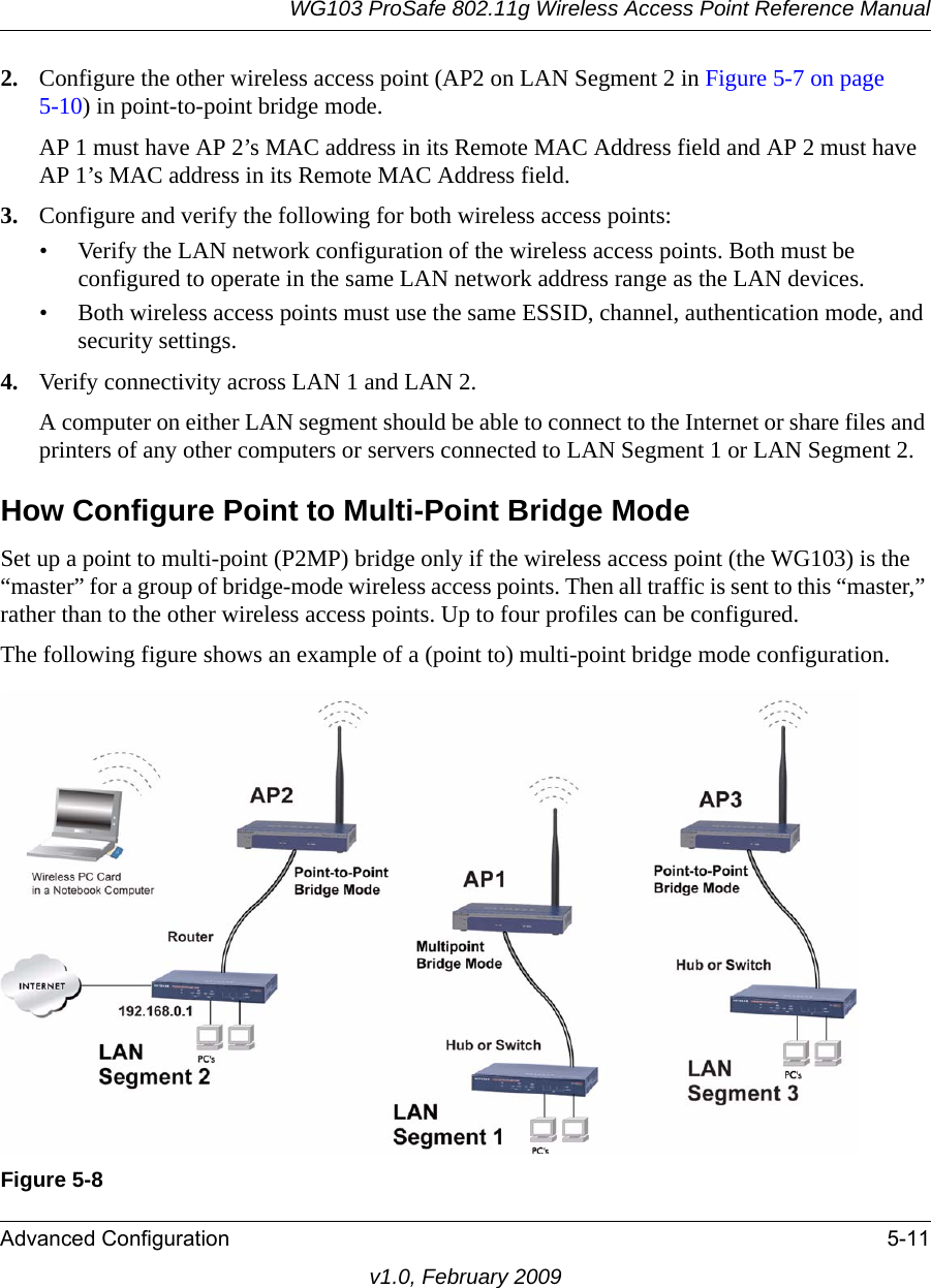 WG103 ProSafe 802.11g Wireless Access Point Reference ManualAdvanced Configuration 5-11v1.0, February 20092. Configure the other wireless access point (AP2 on LAN Segment 2 in Figure 5-7 on page 5-10) in point-to-point bridge mode. AP 1 must have AP 2’s MAC address in its Remote MAC Address field and AP 2 must have AP 1’s MAC address in its Remote MAC Address field.3. Configure and verify the following for both wireless access points:• Verify the LAN network configuration of the wireless access points. Both must be configured to operate in the same LAN network address range as the LAN devices.• Both wireless access points must use the same ESSID, channel, authentication mode, and security settings.4. Verify connectivity across LAN 1 and LAN 2. A computer on either LAN segment should be able to connect to the Internet or share files and printers of any other computers or servers connected to LAN Segment 1 or LAN Segment 2.How Configure Point to Multi-Point Bridge ModeSet up a point to multi-point (P2MP) bridge only if the wireless access point (the WG103) is the “master” for a group of bridge-mode wireless access points. Then all traffic is sent to this “master,” rather than to the other wireless access points. Up to four profiles can be configured.The following figure shows an example of a (point to) multi-point bridge mode configuration.Figure 5-8