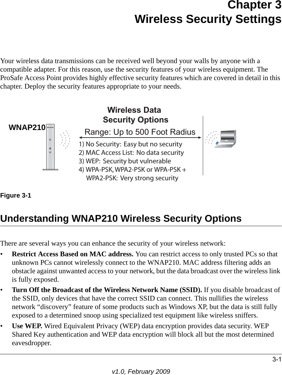 3-1v1.0, February 2009Chapter 3 Wireless Security SettingsYour wireless data transmissions can be received well beyond your walls by anyone with a compatible adapter. For this reason, use the security features of your wireless equipment. The ProSafe Access Point provides highly effective security features which are covered in detail in this chapter. Deploy the security features appropriate to your needs..O3ECURITY%ASYBUTNOSECURITY-!#!CCESS,IST.ODATASECURITY7%03ECURITYBUTVULNERABLE70!03+70!03+OR70!03+70!03+6ERYSTRONGSECURITY            Wireless Data           Security OptionsRange: Up to 500 Foot Radius WNAP210Figure 3-1Understanding WNAP210 Wireless Security OptionsThere are several ways you can enhance the security of your wireless network:•Restrict Access Based on MAC address. You can restrict access to only trusted PCs so that unknown PCs cannot wirelessly connect to the WNAP210. MAC address filtering adds an obstacle against unwanted access to your network, but the data broadcast over the wireless link is fully exposed. •Turn Off the Broadcast of the Wireless Network Name (SSID). If you disable broadcast of the SSID, only devices that have the correct SSID can connect. This nullifies the wireless network “discovery” feature of some products such as Windows XP, but the data is still fully exposed to a determined snoop using specialized test equipment like wireless sniffers.•Use WEP. Wired Equivalent Privacy (WEP) data encryption provides data security. WEP Shared Key authentication and WEP data encryption will block all but the most determined eavesdropper. 