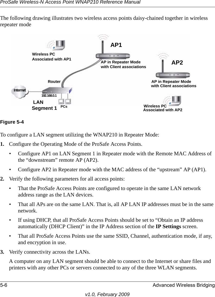 ProSafe Wireless-N Access Point WNAP210 Reference Manual5-6 Advanced Wireless Bridgingv1.0, February 2009The following drawing illustrates two wireless access points daisy-chained together in wireless repeater modeAP in Repeater Modewith Client associationsAP in Repeater Modewith Client associationsWireless PCAssociated with AP2AP1AP2PCs192.168.0.1RouterInternetWireless PCAssociated with AP1LANSegment 1Figure 5-4To configure a LAN segment utilizing the WNAP210 in Repeater Mode:1. Configure the Operating Mode of the ProSafe Access Points.• Configure AP1 on LAN Segment 1 in Repeater mode with the Remote MAC Address of the “downstream” remote AP (AP2).• Configure AP2 in Repeater mode with the MAC address of the “upstream” AP (AP1). 2. Verify the following parameters for all access points:• That the ProSafe Access Points are configured to operate in the same LAN network address range as the LAN devices.• That all APs are on the same LAN. That is, all AP LAN IP addresses must be in the same network.• If using DHCP, that all ProSafe Access Points should be set to “Obtain an IP address automatically (DHCP Client)” in the IP Address section of the IP Settings screen.• That all ProSafe Access Points use the same SSID, Channel, authentication mode, if any, and encryption in use.3. Verify connectivity across the LANs. A computer on any LAN segment should be able to connect to the Internet or share files and printers with any other PCs or servers connected to any of the three WLAN segments.