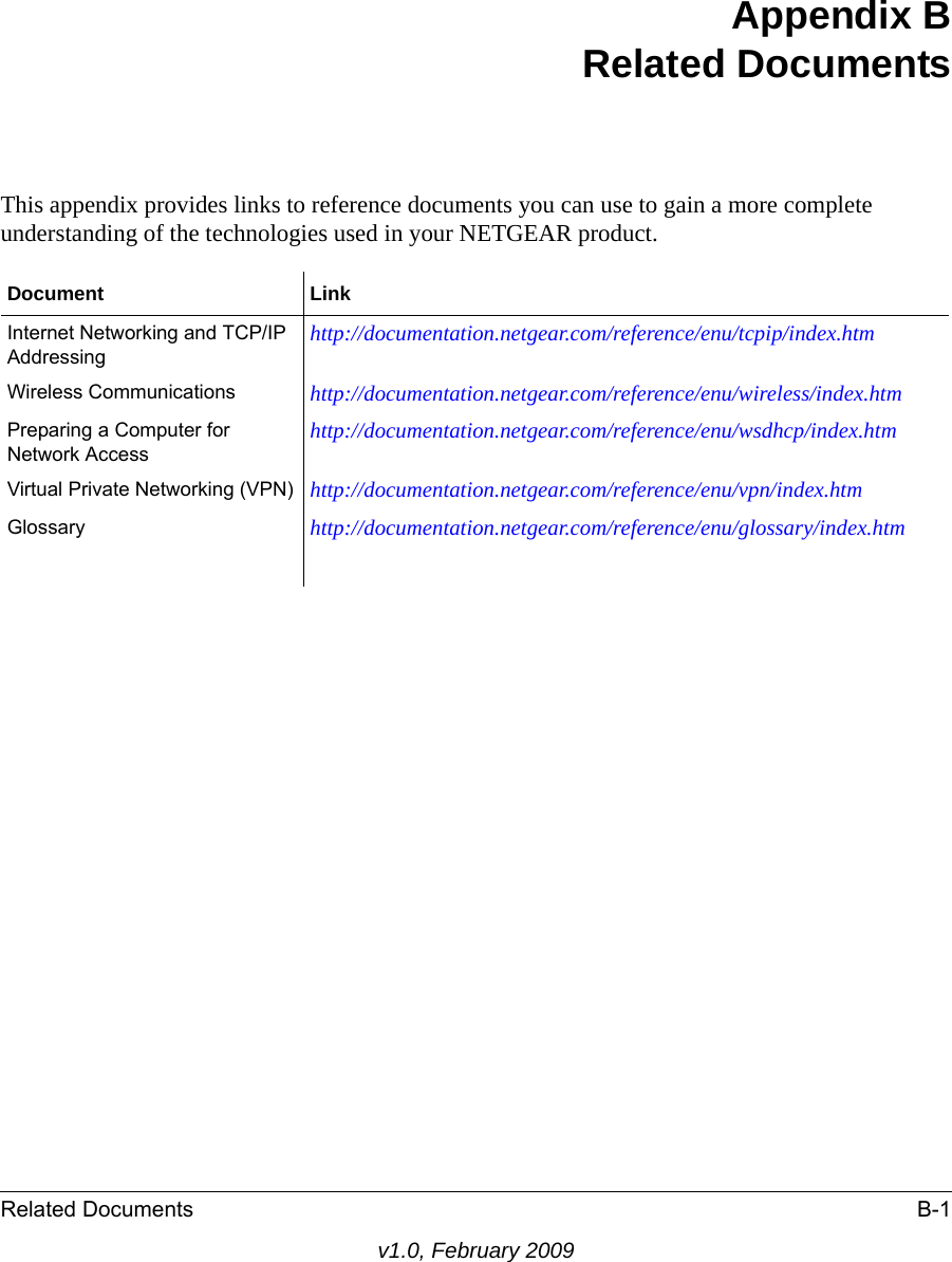 Related Documents B-1v1.0, February 2009Appendix B Related DocumentsThis appendix provides links to reference documents you can use to gain a more complete understanding of the technologies used in your NETGEAR product.Document  LinkInternet Networking and TCP/IP Addressing http://documentation.netgear.com/reference/enu/tcpip/index.htmWireless Communications http://documentation.netgear.com/reference/enu/wireless/index.htmPreparing a Computer for Network Access http://documentation.netgear.com/reference/enu/wsdhcp/index.htmVirtual Private Networking (VPN) http://documentation.netgear.com/reference/enu/vpn/index.htmGlossary http://documentation.netgear.com/reference/enu/glossary/index.htm