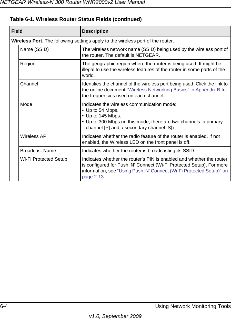 NETGEAR Wireless-N 300 Router WNR2000v2 User Manual 6-4 Using Network Monitoring Toolsv1.0, September 2009Wireless Port. The following settings apply to the wireless port of the router. Name (SSID) The wireless network name (SSID) being used by the wireless port of the router. The default is NETGEAR.Region The geographic region where the router is being used. It might be illegal to use the wireless features of the router in some parts of the world.Channel Identifies the channel of the wireless port being used. Click the link to the online document “Wireless Networking Basics” in Appendix B for the frequencies used on each channel. Mode Indicates the wireless communication mode: • Up to 54 Mbps.• Up to 145 Mbps.• Up to 300 Mbps (in this mode, there are two channels: a primary channel [P] and a secondary channel [S]).Wireless AP Indicates whether the radio feature of the router is enabled. If not enabled, the Wireless LED on the front panel is off.Broadcast Name Indicates whether the router is broadcasting its SSID.Wi-Fi Protected Setup Indicates whether the router’s PIN is enabled and whether the router is configured for Push ‘N’ Connect (Wi-Fi Protected Setup). For more information, see “Using Push &apos;N&apos; Connect (Wi-Fi Protected Setup)” on page 2-13.Table 6-1. Wireless Router Status Fields (continued)Field  Description