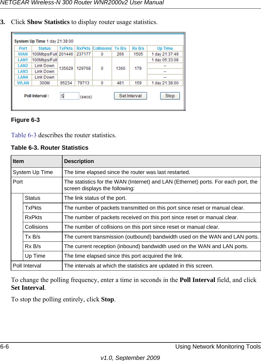 NETGEAR Wireless-N 300 Router WNR2000v2 User Manual 6-6 Using Network Monitoring Toolsv1.0, September 20093. Click Show Statistics to display router usage statistics.Table 6-3 describes the router statistics.To change the polling frequency, enter a time in seconds in the Poll Interval field, and click Set Interval.To stop the polling entirely, click Stop.Figure 6-3Table 6-3. Router StatisticsItem DescriptionSystem Up Time The time elapsed since the router was last restarted.Port The statistics for the WAN (Internet) and LAN (Ethernet) ports. For each port, the screen displays the following:Status The link status of the port.TxPkts The number of packets transmitted on this port since reset or manual clear.RxPkts The number of packets received on this port since reset or manual clear.Collisions The number of collisions on this port since reset or manual clear.Tx B/s The current transmission (outbound) bandwidth used on the WAN and LAN ports.Rx B/s The current reception (inbound) bandwidth used on the WAN and LAN ports.Up Time The time elapsed since this port acquired the link.Poll Interval The intervals at which the statistics are updated in this screen. 