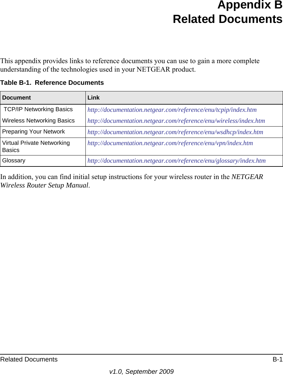 Related Documents B-1v1.0, September 2009Appendix BRelated DocumentsThis appendix provides links to reference documents you can use to gain a more complete understanding of the technologies used in your NETGEAR product.In addition, you can find initial setup instructions for your wireless router in the NETGEAR Wireless Router Setup Manual.Table B-1.  Reference DocumentsDocument Link TCP/IP Networking Basics http://documentation.netgear.com/reference/enu/tcpip/index.htmWireless Networking Basics http://documentation.netgear.com/reference/enu/wireless/index.htmPreparing Your Network http://documentation.netgear.com/reference/enu/wsdhcp/index.htmVirtual Private Networking Basics http://documentation.netgear.com/reference/enu/vpn/index.htmGlossary http://documentation.netgear.com/reference/enu/glossary/index.htm