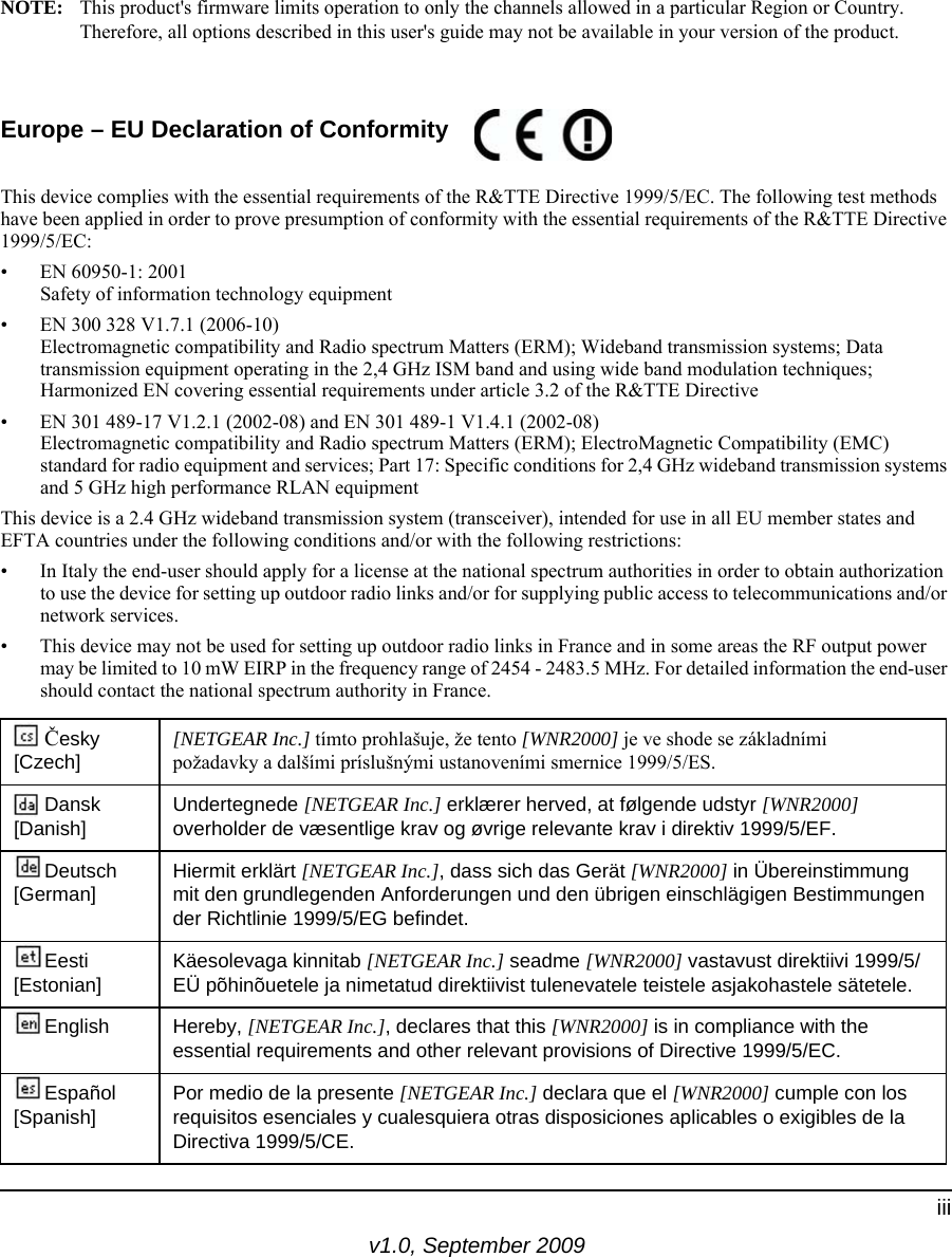 v1.0, September 2009iiiNOTE: This product&apos;s firmware limits operation to only the channels allowed in a particular Region or Country. Therefore, all options described in this user&apos;s guide may not be available in your version of the product.Europe – EU Declaration of Conformity This device complies with the essential requirements of the R&amp;TTE Directive 1999/5/EC. The following test methods have been applied in order to prove presumption of conformity with the essential requirements of the R&amp;TTE Directive 1999/5/EC:• EN 60950-1: 2001Safety of information technology equipment• EN 300 328 V1.7.1 (2006-10)Electromagnetic compatibility and Radio spectrum Matters (ERM); Wideband transmission systems; Data transmission equipment operating in the 2,4 GHz ISM band and using wide band modulation techniques; Harmonized EN covering essential requirements under article 3.2 of the R&amp;TTE Directive• EN 301 489-17 V1.2.1 (2002-08) and EN 301 489-1 V1.4.1 (2002-08)Electromagnetic compatibility and Radio spectrum Matters (ERM); ElectroMagnetic Compatibility (EMC) standard for radio equipment and services; Part 17: Specific conditions for 2,4 GHz wideband transmission systems and 5 GHz high performance RLAN equipmentThis device is a 2.4 GHz wideband transmission system (transceiver), intended for use in all EU member states and EFTA countries under the following conditions and/or with the following restrictions:• In Italy the end-user should apply for a license at the national spectrum authorities in order to obtain authorization to use the device for setting up outdoor radio links and/or for supplying public access to telecommunications and/or network services.• This device may not be used for setting up outdoor radio links in France and in some areas the RF output power may be limited to 10 mW EIRP in the frequency range of 2454 - 2483.5 MHz. For detailed information the end-user should contact the national spectrum authority in France.Česky [Czech][NETGEAR Inc.] tímto prohlašuje, že tento [WNR2000] je ve shode se základními požadavky a dalšími príslušnými ustanoveními smernice 1999/5/ES.Dansk [Danish]Undertegnede [NETGEAR Inc.] erklærer herved, at følgende udstyr [WNR2000] overholder de væsentlige krav og øvrige relevante krav i direktiv 1999/5/EF.Deutsch [German]Hiermit erklärt [NETGEAR Inc.], dass sich das Gerät [WNR2000] in Übereinstimmung mit den grundlegenden Anforderungen und den übrigen einschlägigen Bestimmungen der Richtlinie 1999/5/EG befindet.Eesti [Estonian]Käesolevaga kinnitab [NETGEAR Inc.] seadme [WNR2000] vastavust direktiivi 1999/5/EÜ põhinõuetele ja nimetatud direktiivist tulenevatele teistele asjakohastele sätetele.English Hereby, [NETGEAR Inc.], declares that this [WNR2000] is in compliance with the essential requirements and other relevant provisions of Directive 1999/5/EC.Español [Spanish]Por medio de la presente [NETGEAR Inc.] declara que el [WNR2000] cumple con los requisitos esenciales y cualesquiera otras disposiciones aplicables o exigibles de la Directiva 1999/5/CE.