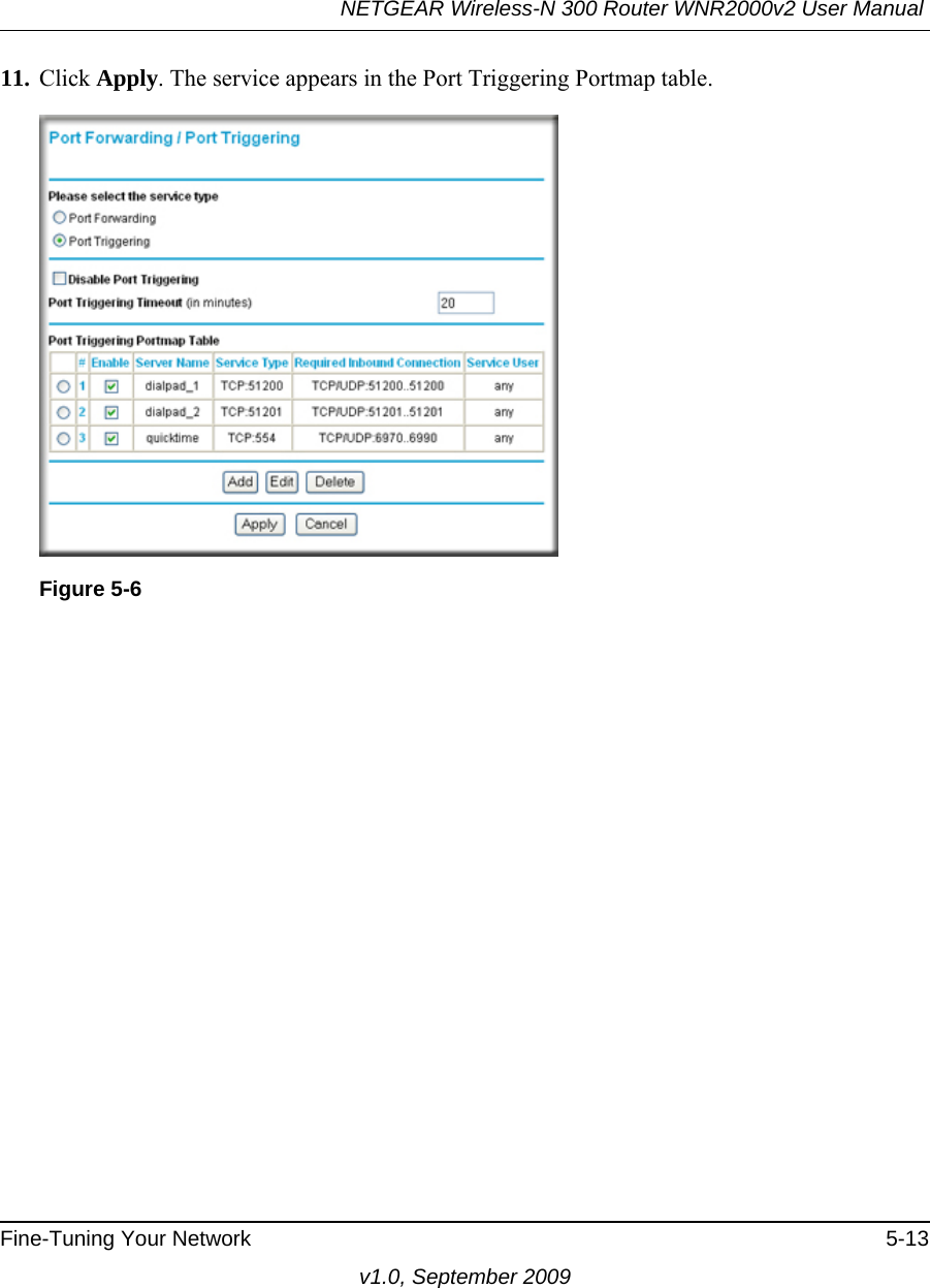 NETGEAR Wireless-N 300 Router WNR2000v2 User Manual Fine-Tuning Your Network 5-13v1.0, September 200911. Click Apply. The service appears in the Port Triggering Portmap table.Figure 5-6