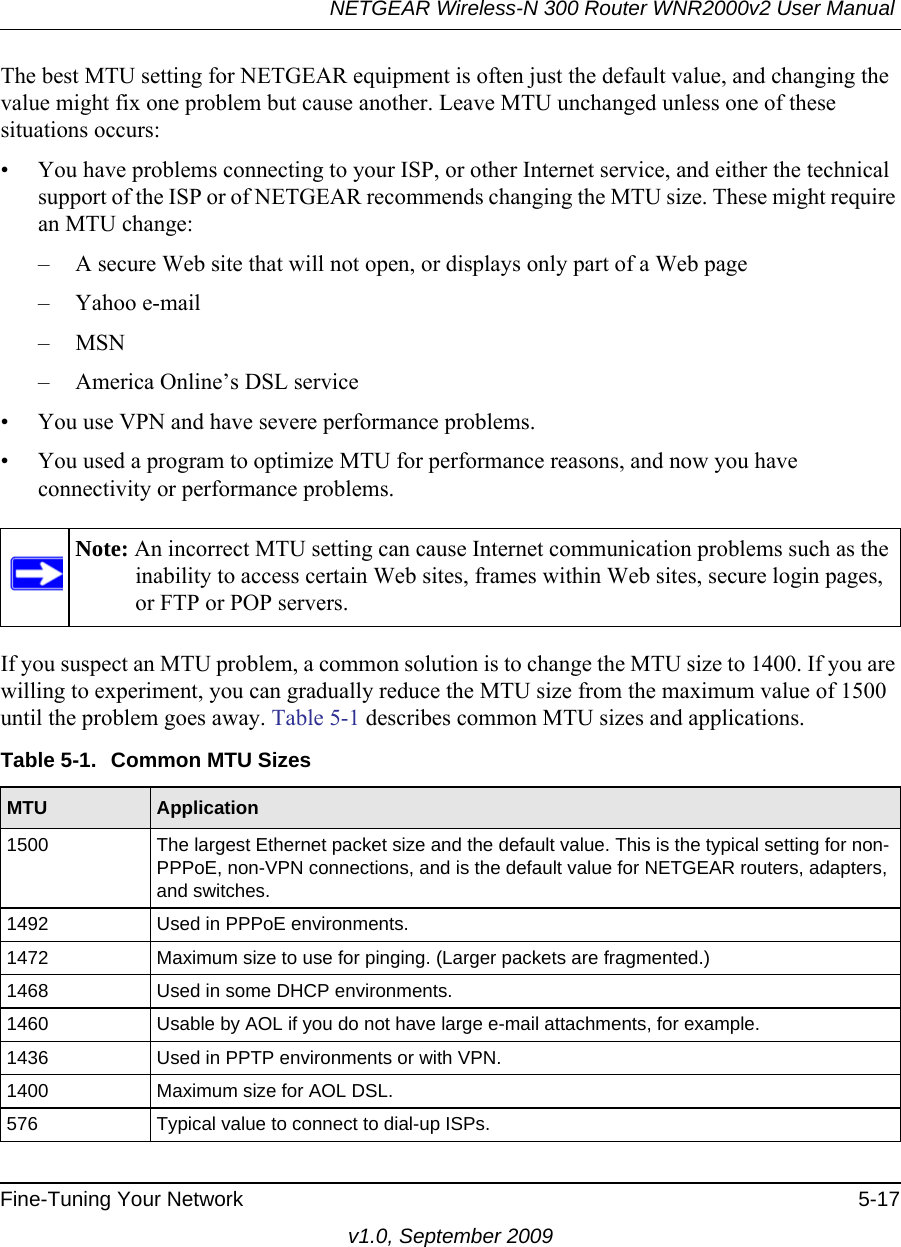 NETGEAR Wireless-N 300 Router WNR2000v2 User Manual Fine-Tuning Your Network 5-17v1.0, September 2009The best MTU setting for NETGEAR equipment is often just the default value, and changing the value might fix one problem but cause another. Leave MTU unchanged unless one of these situations occurs:• You have problems connecting to your ISP, or other Internet service, and either the technical support of the ISP or of NETGEAR recommends changing the MTU size. These might require an MTU change:– A secure Web site that will not open, or displays only part of a Web page– Yahoo e-mail– MSN– America Online’s DSL service• You use VPN and have severe performance problems.• You used a program to optimize MTU for performance reasons, and now you have connectivity or performance problems.If you suspect an MTU problem, a common solution is to change the MTU size to 1400. If you are willing to experiment, you can gradually reduce the MTU size from the maximum value of 1500 until the problem goes away. Table 5-1 describes common MTU sizes and applications.Note: An incorrect MTU setting can cause Internet communication problems such as the inability to access certain Web sites, frames within Web sites, secure login pages, or FTP or POP servers.Table 5-1.  Common MTU SizesMTU Application1500 The largest Ethernet packet size and the default value. This is the typical setting for non-PPPoE, non-VPN connections, and is the default value for NETGEAR routers, adapters, and switches.1492 Used in PPPoE environments.1472 Maximum size to use for pinging. (Larger packets are fragmented.)1468 Used in some DHCP environments.1460 Usable by AOL if you do not have large e-mail attachments, for example.1436 Used in PPTP environments or with VPN.1400 Maximum size for AOL DSL.576 Typical value to connect to dial-up ISPs.