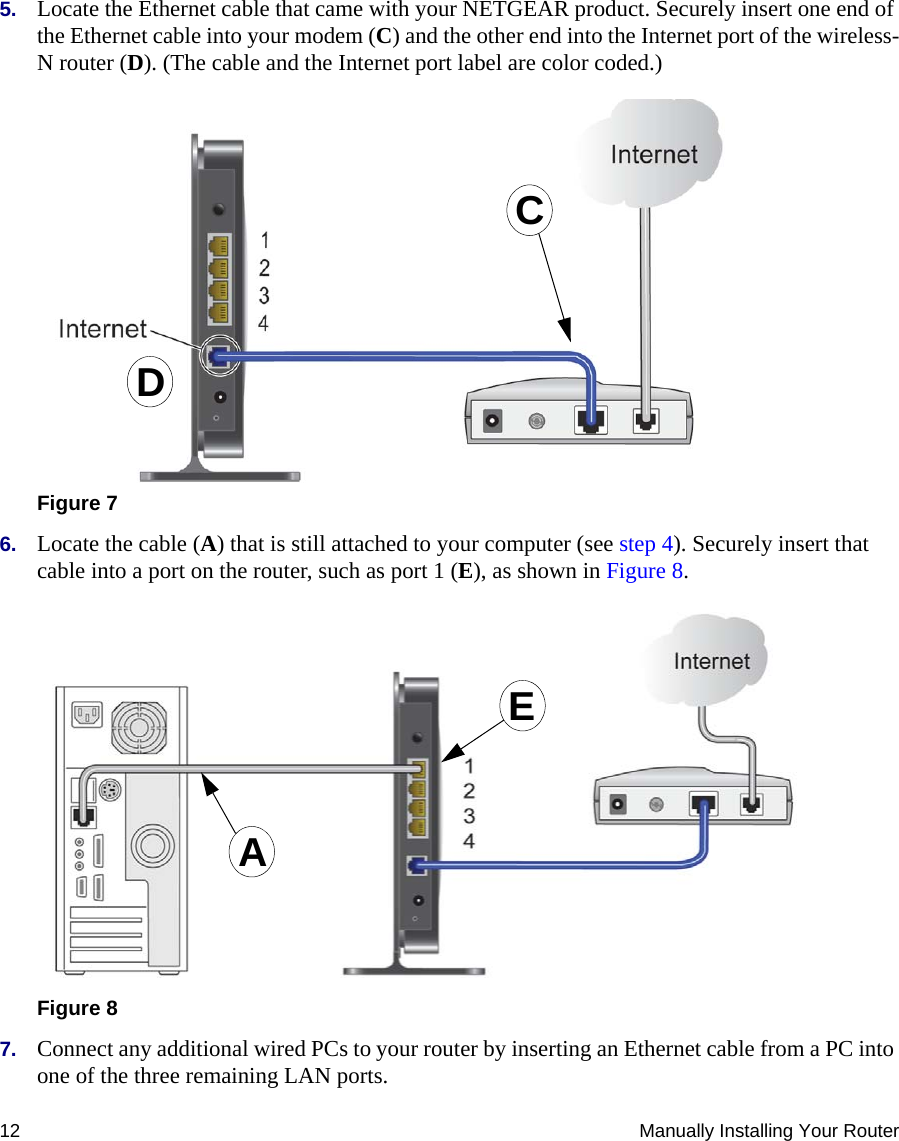 12 Manually Installing Your Router5. Locate the Ethernet cable that came with your NETGEAR product. Securely insert one end of the Ethernet cable into your modem (C) and the other end into the Internet port of the wireless-N router (D). (The cable and the Internet port label are color coded.)6. Locate the cable (A) that is still attached to your computer (see step 4). Securely insert that cable into a port on the router, such as port 1 (E), as shown in Figure 8. 7. Connect any additional wired PCs to your router by inserting an Ethernet cable from a PC into one of the three remaining LAN ports. Figure 7Figure 8CDAE