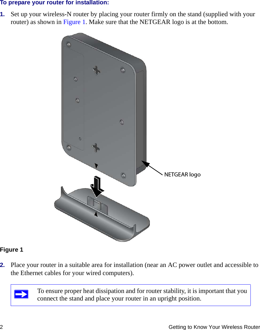 2 Getting to Know Your Wireless RouterTo prepare your router for installation:1. Set up your wireless-N router by placing your router firmly on the stand (supplied with your router) as shown in Figure 1. Make sure that the NETGEAR logo is at the bottom.2. Place your router in a suitable area for installation (near an AC power outlet and accessible to the Ethernet cables for your wired computers). Figure 1To ensure proper heat dissipation and for router stability, it is important that you connect the stand and place your router in an upright position.NETGEAR logo