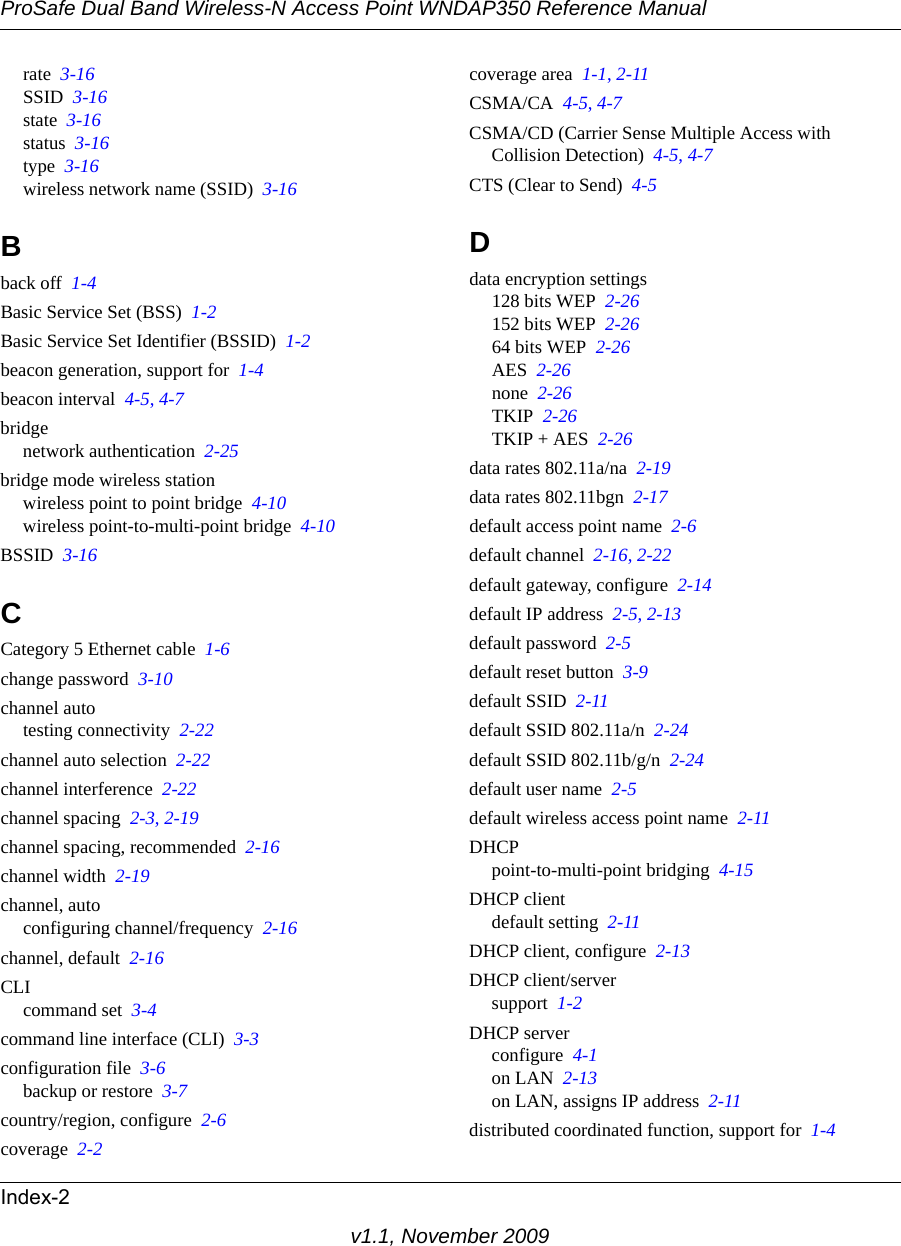 ProSafe Dual Band Wireless-N Access Point WNDAP350 Reference ManualIndex-2v1.1, November 2009rate  3-16SSID  3-16state  3-16status  3-16type  3-16wireless network name (SSID)  3-16Bback off  1-4Basic Service Set (BSS)  1-2Basic Service Set Identifier (BSSID)  1-2beacon generation, support for  1-4beacon interval  4-5, 4-7bridgenetwork authentication  2-25bridge mode wireless stationwireless point to point bridge  4-10wireless point-to-multi-point bridge  4-10BSSID  3-16CCategory 5 Ethernet cable  1-6change password  3-10channel autotesting connectivity  2-22channel auto selection  2-22channel interference  2-22channel spacing  2-3, 2-19channel spacing, recommended  2-16channel width  2-19channel, autoconfiguring channel/frequency  2-16channel, default  2-16CLIcommand set  3-4command line interface (CLI)  3-3configuration file  3-6backup or restore  3-7country/region, configure  2-6coverage  2-2coverage area  1-1, 2-11CSMA/CA  4-5, 4-7CSMA/CD (Carrier Sense Multiple Access with Collision Detection)  4-5, 4-7CTS (Clear to Send)  4-5Ddata encryption settings128 bits WEP  2-26152 bits WEP  2-2664 bits WEP  2-26AES  2-26none  2-26TKIP  2-26TKIP + AES  2-26data rates 802.11a/na  2-19data rates 802.11bgn  2-17default access point name  2-6default channel  2-16, 2-22default gateway, configure  2-14default IP address  2-5, 2-13default password  2-5default reset button  3-9default SSID  2-11default SSID 802.11a/n  2-24default SSID 802.11b/g/n  2-24default user name  2-5default wireless access point name  2-11DHCPpoint-to-multi-point bridging  4-15DHCP clientdefault setting  2-11DHCP client, configure  2-13DHCP client/serversupport  1-2DHCP serverconfigure  4-1on LAN  2-13on LAN, assigns IP address  2-11distributed coordinated function, support for  1-4