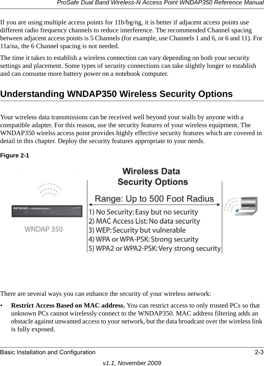 ProSafe Dual Band Wireless-N Access Point WNDAP350 Reference ManualBasic Installation and Configuration 2-3v1.1, November 2009If you are using multiple access points for 11b/bg/ng, it is better if adjacent access points use different radio frequency channels to reduce interference. The recommended Channel spacing between adjacent access points is 5 Channels (for example, use Channels 1 and 6, or 6 and 11). For 11a/na, the 6 Channel spacing is not needed.The time it takes to establish a wireless connection can vary depending on both your security settings and placement. Some types of security connections can take slightly longer to establish and can consume more battery power on a notebook computer.Understanding WNDAP350 Wireless Security OptionsYour wireless data transmissions can be received well beyond your walls by anyone with a compatible adapter. For this reason, use the security features of your wireless equipment. The WNDAP350 wirelss access point provides highly effective security features which are covered in detail in this chapter. Deploy the security features appropriate to your needs.Figure 2-1There are several ways you can enhance the security of your wireless network:•Restrict Access Based on MAC address. You can restrict access to only trusted PCs so that unknown PCs cannot wirelessly connect to the WNDAP350. MAC address filtering adds an obstacle against unwanted access to your network, but the data broadcast over the wireless link is fully exposed. 