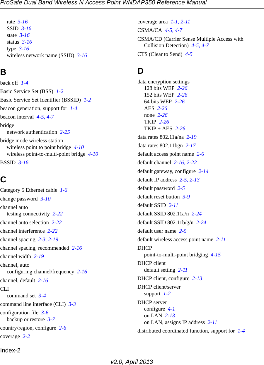 ProSafe Dual Band Wireless N Access Point WNDAP350 Reference ManualIndex-2v2.0, April 2013rate  3-16SSID  3-16state  3-16status  3-16type  3-16wireless network name (SSID)  3-16Bback off  1-4Basic Service Set (BSS)  1-2Basic Service Set Identifier (BSSID)  1-2beacon generation, support for  1-4beacon interval  4-5, 4-7bridgenetwork authentication  2-25bridge mode wireless stationwireless point to point bridge  4-10wireless point-to-multi-point bridge  4-10BSSID  3-16CCategory 5 Ethernet cable  1-6change password  3-10channel autotesting connectivity  2-22channel auto selection  2-22channel interference  2-22channel spacing  2-3, 2-19channel spacing, recommended  2-16channel width  2-19channel, autoconfiguring channel/frequency  2-16channel, default  2-16CLIcommand set  3-4command line interface (CLI)  3-3configuration file  3-6backup or restore  3-7country/region, configure  2-6coverage  2-2coverage area  1-1, 2-11CSMA/CA  4-5, 4-7CSMA/CD (Carrier Sense Multiple Access with Collision Detection)  4-5, 4-7CTS (Clear to Send)  4-5Ddata encryption settings128 bits WEP  2-26152 bits WEP  2-2664 bits WEP  2-26AES  2-26none  2-26TKIP  2-26TKIP + AES  2-26data rates 802.11a/na  2-19data rates 802.11bgn  2-17default access point name  2-6default channel  2-16, 2-22default gateway, configure  2-14default IP address  2-5, 2-13default password  2-5default reset button  3-9default SSID  2-11default SSID 802.11a/n  2-24default SSID 802.11b/g/n  2-24default user name  2-5default wireless access point name  2-11DHCPpoint-to-multi-point bridging  4-15DHCP clientdefault setting  2-11DHCP client, configure  2-13DHCP client/serversupport  1-2DHCP serverconfigure  4-1on LAN  2-13on LAN, assigns IP address  2-11distributed coordinated function, support for  1-4