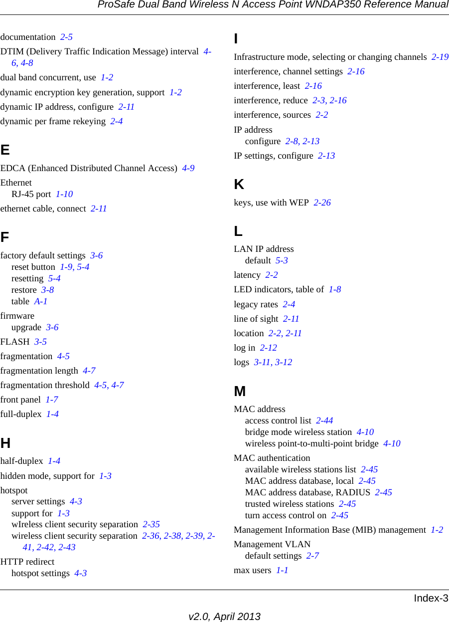 ProSafe Dual Band Wireless N Access Point WNDAP350 Reference ManualIndex-3v2.0, April 2013documentation  2-5DTIM (Delivery Traffic Indication Message) interval  4-6, 4-8dual band concurrent, use  1-2dynamic encryption key generation, support  1-2dynamic IP address, configure  2-11dynamic per frame rekeying  2-4EEDCA (Enhanced Distributed Channel Access)  4-9EthernetRJ-45 port  1-10ethernet cable, connect  2-11Ffactory default settings  3-6reset button  1-9, 5-4resetting  5-4restore  3-8table  A-1firmwareupgrade  3-6FLASH  3-5fragmentation  4-5fragmentation length  4-7fragmentation threshold  4-5, 4-7front panel  1-7full-duplex  1-4Hhalf-duplex  1-4hidden mode, support for  1-3hotspotserver settings  4-3support for  1-3wIreless client security separation  2-35wireless client security separation  2-36, 2-38, 2-39, 2-41, 2-42, 2-43HTTP redirecthotspot settings  4-3IInfrastructure mode, selecting or changing channels  2-19interference, channel settings  2-16interference, least  2-16interference, reduce  2-3, 2-16interference, sources  2-2IP addressconfigure  2-8, 2-13IP settings, configure  2-13Kkeys, use with WEP  2-26LLAN IP addressdefault  5-3latency  2-2LED indicators, table of  1-8legacy rates  2-4line of sight  2-11location  2-2, 2-11log in  2-12logs  3-11, 3-12MMAC addressaccess control list  2-44bridge mode wireless station  4-10wireless point-to-multi-point bridge  4-10MAC authenticationavailable wireless stations list  2-45MAC address database, local  2-45MAC address database, RADIUS  2-45trusted wireless stations  2-45turn access control on  2-45Management Information Base (MIB) management  1-2Management VLANdefault settings  2-7max users  1-1