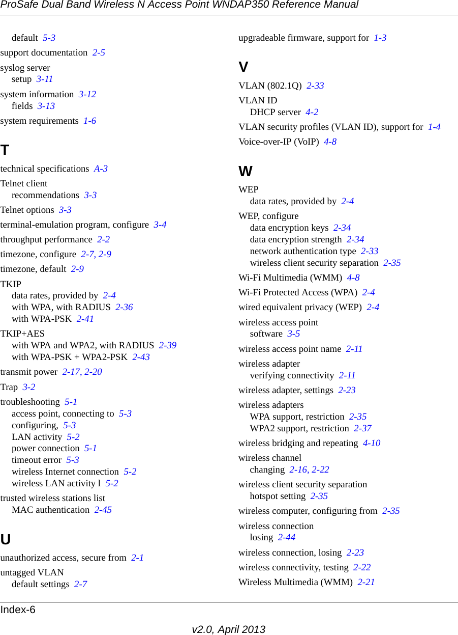 ProSafe Dual Band Wireless N Access Point WNDAP350 Reference ManualIndex-6v2.0, April 2013default  5-3support documentation  2-5syslog serversetup  3-11system information  3-12fields  3-13system requirements  1-6Ttechnical specifications  A-3Telnet clientrecommendations  3-3Telnet options  3-3terminal-emulation program, configure  3-4throughput performance  2-2timezone, configure  2-7, 2-9timezone, default  2-9TKIPdata rates, provided by  2-4with WPA, with RADIUS  2-36with WPA-PSK  2-41TKIP+AESwith WPA and WPA2, with RADIUS  2-39with WPA-PSK + WPA2-PSK  2-43transmit power  2-17, 2-20Trap  3-2troubleshooting  5-1access point, connecting to  5-3configuring,  5-3LAN activity  5-2power connection  5-1timeout error  5-3wireless Internet connection  5-2wireless LAN activity l  5-2trusted wireless stations listMAC authentication  2-45Uunauthorized access, secure from  2-1untagged VLANdefault settings  2-7upgradeable firmware, support for  1-3VVLAN (802.1Q)  2-33VLAN IDDHCP server  4-2VLAN security profiles (VLAN ID), support for  1-4Voice-over-IP (VoIP)  4-8WWEPdata rates, provided by  2-4WEP, configuredata encryption keys  2-34data encryption strength  2-34network authentication type  2-33wireless client security separation  2-35Wi-Fi Multimedia (WMM)  4-8Wi-Fi Protected Access (WPA)  2-4wired equivalent privacy (WEP)  2-4wireless access pointsoftware  3-5wireless access point name  2-11wireless adapterverifying connectivity  2-11wireless adapter, settings  2-23wireless adaptersWPA support, restriction  2-35WPA2 support, restriction  2-37wireless bridging and repeating  4-10wireless channelchanging  2-16, 2-22wireless client security separationhotspot setting  2-35wireless computer, configuring from  2-35wireless connectionlosing  2-44wireless connection, losing  2-23wireless connectivity, testing  2-22Wireless Multimedia (WMM)  2-21