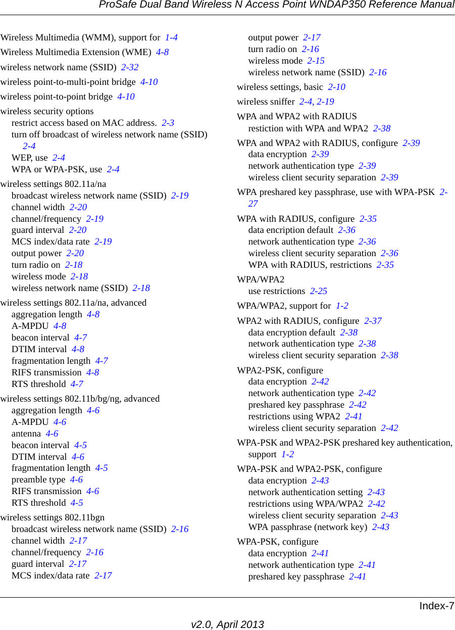 ProSafe Dual Band Wireless N Access Point WNDAP350 Reference ManualIndex-7v2.0, April 2013Wireless Multimedia (WMM), support for  1-4Wireless Multimedia Extension (WME)  4-8wireless network name (SSID)  2-32wireless point-to-multi-point bridge  4-10wireless point-to-point bridge  4-10wireless security optionsrestrict access based on MAC address.  2-3turn off broadcast of wireless network name (SSID)  2-4WEP, use  2-4WPA or WPA-PSK, use  2-4wireless settings 802.11a/nabroadcast wireless network name (SSID)  2-19channel width  2-20channel/frequency  2-19guard interval  2-20MCS index/data rate  2-19output power  2-20turn radio on  2-18wireless mode  2-18wireless network name (SSID)  2-18wireless settings 802.11a/na, advancedaggregation length  4-8A-MPDU  4-8beacon interval  4-7DTIM interval  4-8fragmentation length  4-7RIFS transmission  4-8RTS threshold  4-7wireless settings 802.11b/bg/ng, advancedaggregation length  4-6A-MPDU  4-6antenna  4-6beacon interval  4-5DTIM interval  4-6fragmentation length  4-5preamble type  4-6RIFS transmission  4-6RTS threshold  4-5wireless settings 802.11bgnbroadcast wireless network name (SSID)  2-16channel width  2-17channel/frequency  2-16guard interval  2-17MCS index/data rate  2-17output power  2-17turn radio on  2-16wireless mode  2-15wireless network name (SSID)  2-16wireless settings, basic  2-10wireless sniffer  2-4, 2-19WPA and WPA2 with RADIUSrestiction with WPA and WPA2  2-38WPA and WPA2 with RADIUS, configure  2-39data encryption  2-39network authentication type  2-39wireless client security separation  2-39WPA preshared key passphrase, use with WPA-PSK  2-27WPA with RADIUS, configure  2-35data encription default  2-36network authentication type  2-36wireless client security separation  2-36WPA with RADIUS, restrictions  2-35WPA/WPA2use restrictions  2-25WPA/WPA2, support for  1-2WPA2 with RADIUS, configure  2-37data encryption default  2-38network authentication type  2-38wireless client security separation  2-38WPA2-PSK, configuredata encryption  2-42network authentication type  2-42preshared key passphrase  2-42restrictions using WPA2  2-41wireless client security separation  2-42WPA-PSK and WPA2-PSK preshared key authentication, support  1-2WPA-PSK and WPA2-PSK, configuredata encryption  2-43network authentication setting  2-43restrictions using WPA/WPA2  2-42wireless client security separation  2-43WPA passphrase (network key)  2-43WPA-PSK, configuredata encryption  2-41network authentication type  2-41preshared key passphrase  2-41