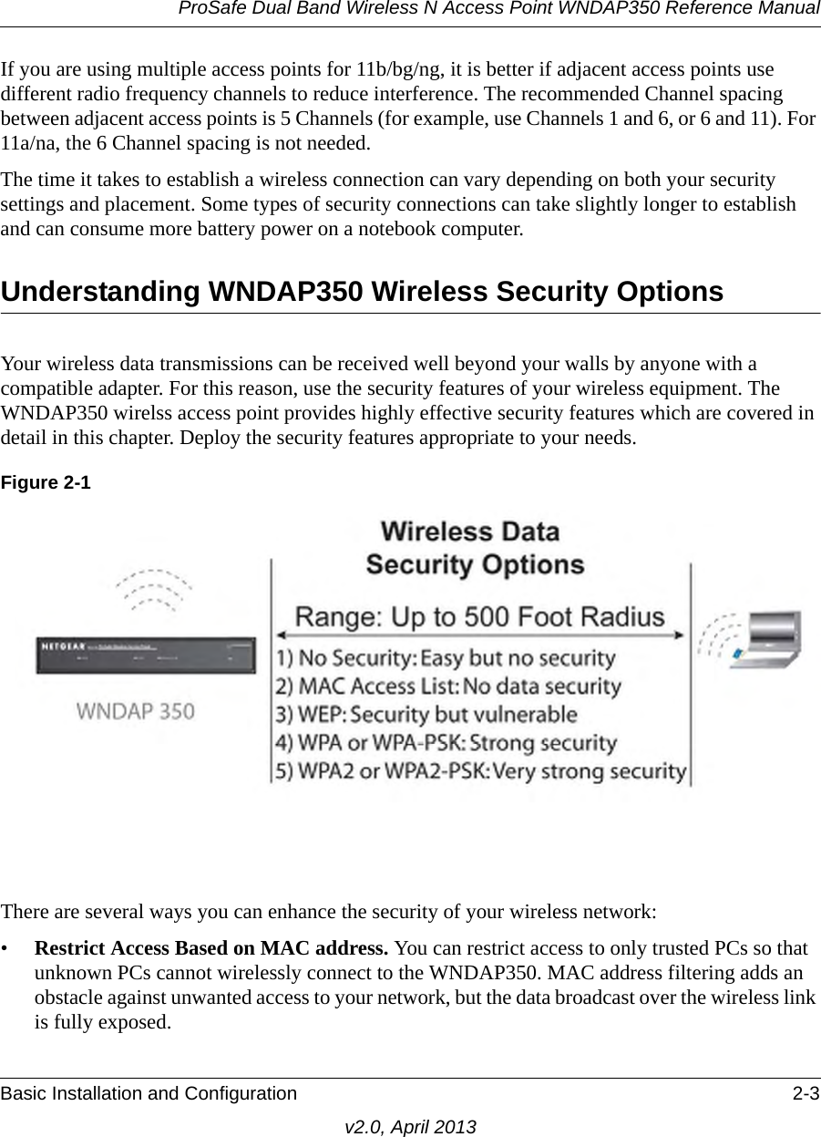 ProSafe Dual Band Wireless N Access Point WNDAP350 Reference ManualBasic Installation and Configuration 2-3v2.0, April 2013If you are using multiple access points for 11b/bg/ng, it is better if adjacent access points use different radio frequency channels to reduce interference. The recommended Channel spacing between adjacent access points is 5 Channels (for example, use Channels 1 and 6, or 6 and 11). For 11a/na, the 6 Channel spacing is not needed.The time it takes to establish a wireless connection can vary depending on both your security settings and placement. Some types of security connections can take slightly longer to establish and can consume more battery power on a notebook computer.Understanding WNDAP350 Wireless Security OptionsYour wireless data transmissions can be received well beyond your walls by anyone with a compatible adapter. For this reason, use the security features of your wireless equipment. The WNDAP350 wirelss access point provides highly effective security features which are covered in detail in this chapter. Deploy the security features appropriate to your needs.Figure 2-1There are several ways you can enhance the security of your wireless network:•Restrict Access Based on MAC address. You can restrict access to only trusted PCs so that unknown PCs cannot wirelessly connect to the WNDAP350. MAC address filtering adds an obstacle against unwanted access to your network, but the data broadcast over the wireless link is fully exposed. 