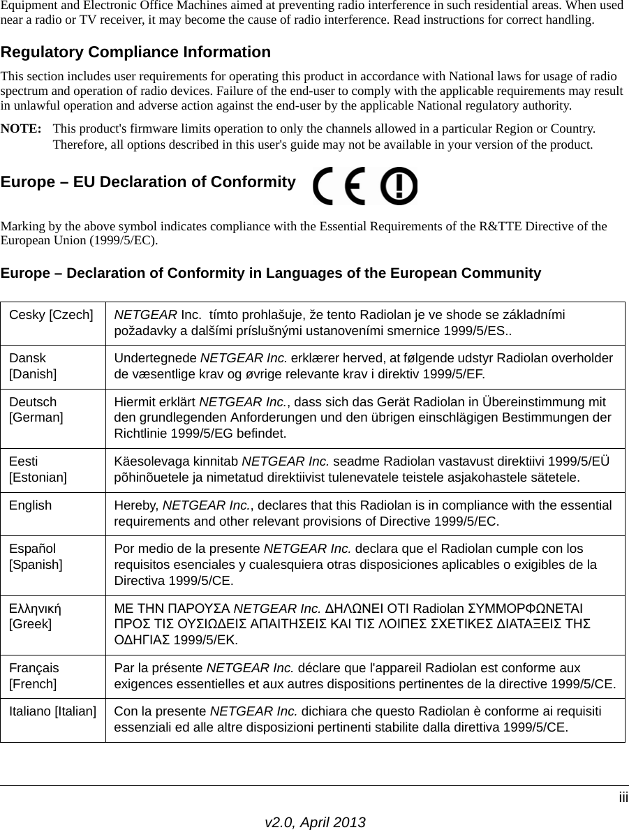 v2.0, April 2013iiiEquipment and Electronic Office Machines aimed at preventing radio interference in such residential areas. When used near a radio or TV receiver, it may become the cause of radio interference. Read instructions for correct handling.Regulatory Compliance InformationThis section includes user requirements for operating this product in accordance with National laws for usage of radio spectrum and operation of radio devices. Failure of the end-user to comply with the applicable requirements may result in unlawful operation and adverse action against the end-user by the applicable National regulatory authority.NOTE: This product&apos;s firmware limits operation to only the channels allowed in a particular Region or Country. Therefore, all options described in this user&apos;s guide may not be available in your version of the product.Europe – EU Declaration of Conformity Marking by the above symbol indicates compliance with the Essential Requirements of the R&amp;TTE Directive of the European Union (1999/5/EC).Europe – Declaration of Conformity in Languages of the European CommunityCesky [Czech] NETGEAR Inc.  tímto prohlašuje, že tento Radiolan je ve shode se základními požadavky a dalšími príslušnými ustanoveními smernice 1999/5/ES..Dansk [Danish] Undertegnede NETGEAR Inc. erklærer herved, at følgende udstyr Radiolan overholder de væsentlige krav og øvrige relevante krav i direktiv 1999/5/EF.Deutsch [German] Hiermit erklärt NETGEAR Inc., dass sich das Gerät Radiolan in Übereinstimmung mit den grundlegenden Anforderungen und den übrigen einschlägigen Bestimmungen der Richtlinie 1999/5/EG befindet.Eesti [Estonian] Käesolevaga kinnitab NETGEAR Inc. seadme Radiolan vastavust direktiivi 1999/5/EÜ põhinõuetele ja nimetatud direktiivist tulenevatele teistele asjakohastele sätetele.English Hereby, NETGEAR Inc., declares that this Radiolan is in compliance with the essential requirements and other relevant provisions of Directive 1999/5/EC.Español [Spanish] Por medio de la presente NETGEAR Inc. declara que el Radiolan cumple con los requisitos esenciales y cualesquiera otras disposiciones aplicables o exigibles de la Directiva 1999/5/CE.Ελληνική [Greek]ΜΕ ΤΗΝ ΠΑΡΟΥΣΑ NETGEAR Inc. ∆ΗΛΩΝΕΙ ΟΤΙ Radiolan ΣΥΜΜΟΡΦΩΝΕΤΑΙ ΠΡΟΣ ΤΙΣ ΟΥΣΙΩ∆ΕΙΣ ΑΠΑΙΤΗΣΕΙΣ ΚΑΙ ΤΙΣ ΛΟΙΠΕΣ ΣΧΕΤΙΚΕΣ ∆ΙΑΤΑΞΕΙΣ ΤΗΣ Ο∆ΗΓΙΑΣ 1999/5/ΕΚ.Français [French] Par la présente NETGEAR Inc. déclare que l&apos;appareil Radiolan est conforme aux exigences essentielles et aux autres dispositions pertinentes de la directive 1999/5/CE.Italiano [Italian] Con la presente NETGEAR Inc. dichiara che questo Radiolan è conforme ai requisiti essenziali ed alle altre disposizioni pertinenti stabilite dalla direttiva 1999/5/CE. 