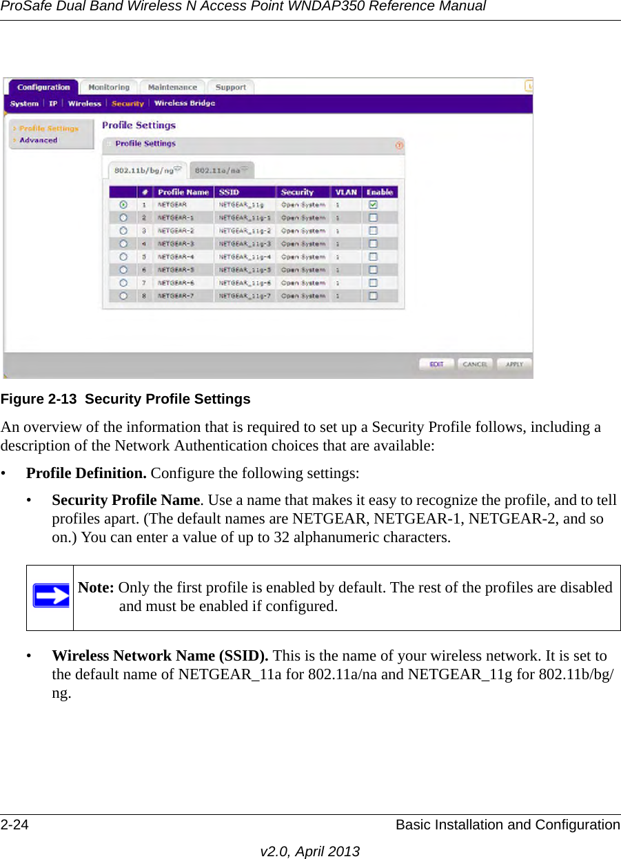 ProSafe Dual Band Wireless N Access Point WNDAP350 Reference Manual2-24 Basic Installation and Configurationv2.0, April 2013An overview of the information that is required to set up a Security Profile follows, including a description of the Network Authentication choices that are available:•Profile Definition. Configure the following settings:•Security Profile Name. Use a name that makes it easy to recognize the profile, and to tell profiles apart. (The default names are NETGEAR, NETGEAR-1, NETGEAR-2, and so on.) You can enter a value of up to 32 alphanumeric characters. •Wireless Network Name (SSID). This is the name of your wireless network. It is set to the default name of NETGEAR_11a for 802.11a/na and NETGEAR_11g for 802.11b/bg/ng.Figure 2-13 Security Profile SettingsNote: Only the first profile is enabled by default. The rest of the profiles are disabled and must be enabled if configured.