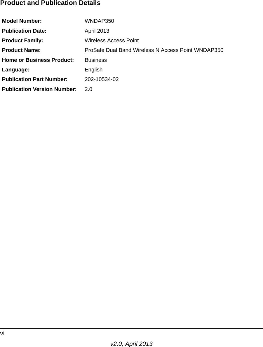 v2.0, April 2013viProduct and Publication DetailsModel Number: WNDAP350Publication Date: April 2013Product Family: Wireless Access PointProduct Name: ProSafe Dual Band Wireless N Access Point WNDAP350 Home or Business Product: BusinessLanguage: EnglishPublication Part Number: 202-10534-02Publication Version Number: 2.0