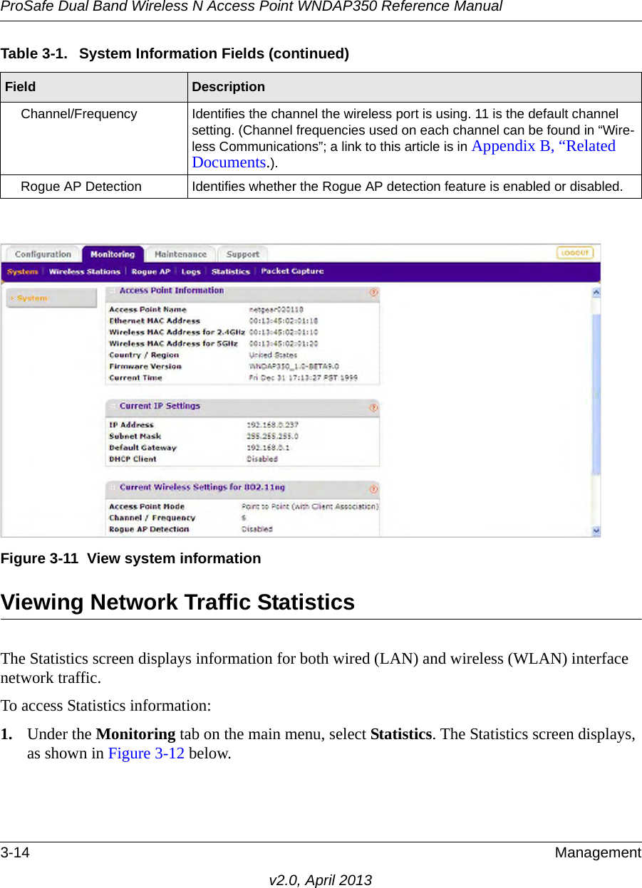 ProSafe Dual Band Wireless N Access Point WNDAP350 Reference Manual3-14 Managementv2.0, April 2013Viewing Network Traffic StatisticsThe Statistics screen displays information for both wired (LAN) and wireless (WLAN) interface network traffic. To access Statistics information:1. Under the Monitoring tab on the main menu, select Statistics. The Statistics screen displays, as shown in Figure 3-12 below. Channel/Frequency Identifies the channel the wireless port is using. 11 is the default channel setting. (Channel frequencies used on each channel can be found in “Wire-less Communications”; a link to this article is in Appendix B, “Related Documents.).Rogue AP Detection Identifies whether the Rogue AP detection feature is enabled or disabled.Figure 3-11 View system informationTable 3-1.  System Information Fields (continued)Field  Description