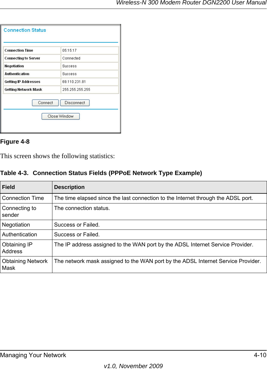 Wireless-N 300 Modem Router DGN2200 User ManualManaging Your Network 4-10v1.0, November 2009This screen shows the following statistics:Figure 4-8Table 4-3.  Connection Status Fields (PPPoE Network Type Example)Field DescriptionConnection Time The time elapsed since the last connection to the Internet through the ADSL port.Connecting to senderThe connection status.Negotiation Success or Failed.Authentication Success or Failed.Obtaining IP AddressThe IP address assigned to the WAN port by the ADSL Internet Service Provider.Obtaining Network MaskThe network mask assigned to the WAN port by the ADSL Internet Service Provider.