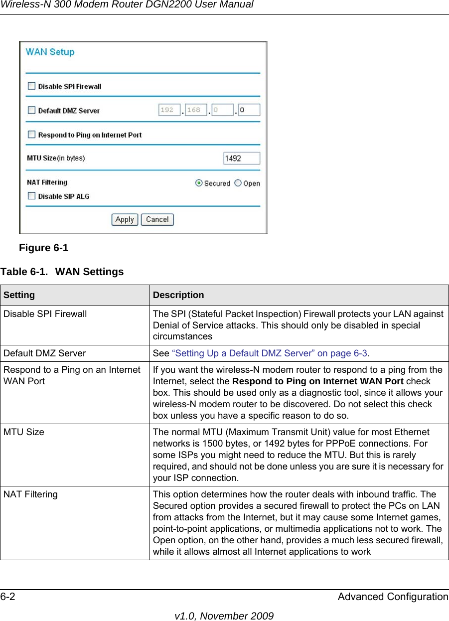 Wireless-N 300 Modem Router DGN2200 User Manual6-2 Advanced Configurationv1.0, November 2009Figure 6-1Table 6-1.  WAN Settings  Setting DescriptionDisable SPI Firewall The SPI (Stateful Packet Inspection) Firewall protects your LAN against Denial of Service attacks. This should only be disabled in special circumstancesDefault DMZ Server See “Setting Up a Default DMZ Server” on page 6-3.Respond to a Ping on an Internet WAN PortIf you want the wireless-N modem router to respond to a ping from the Internet, select the Respond to Ping on Internet WAN Port check box. This should be used only as a diagnostic tool, since it allows your wireless-N modem router to be discovered. Do not select this check box unless you have a specific reason to do so.MTU Size The normal MTU (Maximum Transmit Unit) value for most Ethernet networks is 1500 bytes, or 1492 bytes for PPPoE connections. For some ISPs you might need to reduce the MTU. But this is rarely required, and should not be done unless you are sure it is necessary for your ISP connection.NAT Filtering This option determines how the router deals with inbound traffic. The Secured option provides a secured firewall to protect the PCs on LAN from attacks from the Internet, but it may cause some Internet games, point-to-point applications, or multimedia applications not to work. The Open option, on the other hand, provides a much less secured firewall, while it allows almost all Internet applications to work