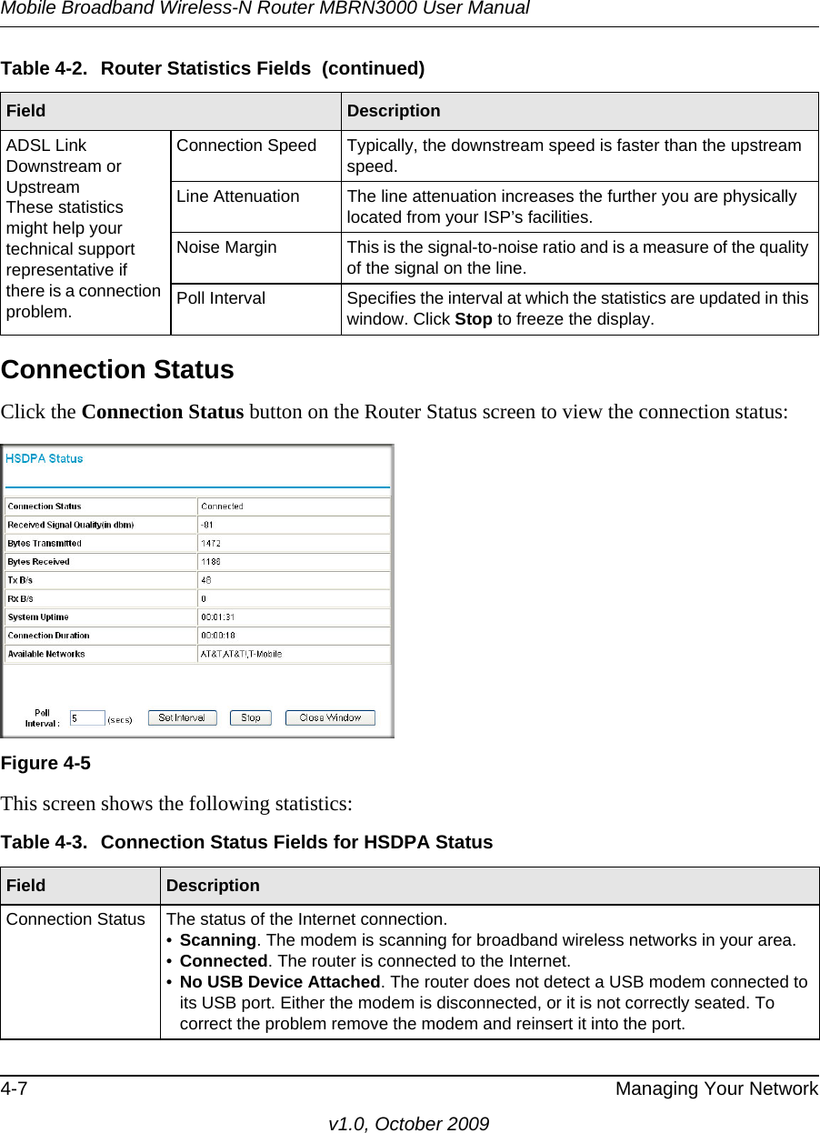 Mobile Broadband Wireless-N Router MBRN3000 User Manual4-7 Managing Your Networkv1.0, October 2009Connection StatusClick the Connection Status button on the Router Status screen to view the connection status:This screen shows the following statistics:ADSL Link Downstream or UpstreamThese statistics might help your technical support representative if there is a connection problem.Connection Speed Typically, the downstream speed is faster than the upstream speed.Line Attenuation The line attenuation increases the further you are physically located from your ISP’s facilities.Noise Margin This is the signal-to-noise ratio and is a measure of the quality of the signal on the line.Poll Interval Specifies the interval at which the statistics are updated in this window. Click Stop to freeze the display.Figure 4-5Table 4-3.  Connection Status Fields for HSDPA Status Field DescriptionConnection Status The status of the Internet connection.•Scanning. The modem is scanning for broadband wireless networks in your area.•Connected. The router is connected to the Internet.•No USB Device Attached. The router does not detect a USB modem connected to its USB port. Either the modem is disconnected, or it is not correctly seated. To correct the problem remove the modem and reinsert it into the port.Table 4-2.  Router Statistics Fields  (continued)Field Description