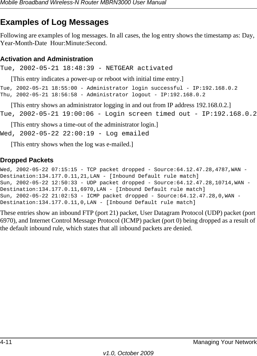 Mobile Broadband Wireless-N Router MBRN3000 User Manual4-11 Managing Your Networkv1.0, October 2009Examples of Log MessagesFollowing are examples of log messages. In all cases, the log entry shows the timestamp as: Day, Year-Month-Date  Hour:Minute:Second.Activation and AdministrationTue, 2002-05-21 18:48:39 - NETGEAR activated [This entry indicates a power-up or reboot with initial time entry.]Tue, 2002-05-21 18:55:00 - Administrator login successful - IP:192.168.0.2 Thu, 2002-05-21 18:56:58 - Administrator logout - IP:192.168.0.2 [This entry shows an administrator logging in and out from IP address 192.168.0.2.]Tue, 2002-05-21 19:00:06 - Login screen timed out - IP:192.168.0.2[This entry shows a time-out of the administrator login.]Wed, 2002-05-22 22:00:19 - Log emailed[This entry shows when the log was e-mailed.]Dropped Packets Wed, 2002-05-22 07:15:15 - TCP packet dropped - Source:64.12.47.28,4787,WAN - Destination:134.177.0.11,21,LAN - [Inbound Default rule match]Sun, 2002-05-22 12:50:33 - UDP packet dropped - Source:64.12.47.28,10714,WAN - Destination:134.177.0.11,6970,LAN - [Inbound Default rule match]Sun, 2002-05-22 21:02:53 - ICMP packet dropped - Source:64.12.47.28,0,WAN - Destination:134.177.0.11,0,LAN - [Inbound Default rule match]These entries show an inbound FTP (port 21) packet, User Datagram Protocol (UDP) packet (port 6970), and Internet Control Message Protocol (ICMP) packet (port 0) being dropped as a result of the default inbound rule, which states that all inbound packets are denied.