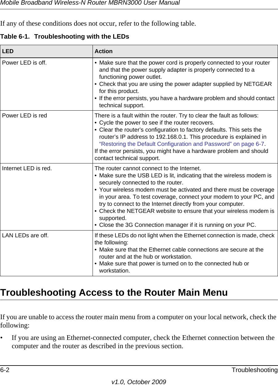 Mobile Broadband Wireless-N Router MBRN3000 User Manual6-2 Troubleshootingv1.0, October 2009If any of these conditions does not occur, refer to the following table.Troubleshooting Access to the Router Main MenuIf you are unable to access the router main menu from a computer on your local network, check the following:• If you are using an Ethernet-connected computer, check the Ethernet connection between the computer and the router as described in the previous section.Table 6-1.  Troubleshooting with the LEDsLED ActionPower LED is off. • Make sure that the power cord is properly connected to your router and that the power supply adapter is properly connected to a functioning power outlet. • Check that you are using the power adapter supplied by NETGEAR for this product.• If the error persists, you have a hardware problem and should contact technical support.Power LED is red There is a fault within the router. Try to clear the fault as follows:• Cycle the power to see if the router recovers.• Clear the router’s configuration to factory defaults. This sets the router’s IP address to 192.168.0.1. This procedure is explained in “Restoring the Default Configuration and Password” on page 6-7.If the error persists, you might have a hardware problem and should contact technical support.Internet LED is red. The router cannot connect to the Internet. • Make sure the USB LED is lit, indicating that the wireless modem is securely connected to the router.• Your wireless modem must be activated and there must be coverage in your area. To test coverage, connect your modem to your PC, and try to connect to the Internet directly from your computer.• Check the NETGEAR website to ensure that your wireless modem is supported. • Close the 3G Connection manager if it is running on your PC.LAN LEDs are off. If these LEDs do not light when the Ethernet connection is made, check the following:• Make sure that the Ethernet cable connections are secure at the router and at the hub or workstation.• Make sure that power is turned on to the connected hub or workstation.