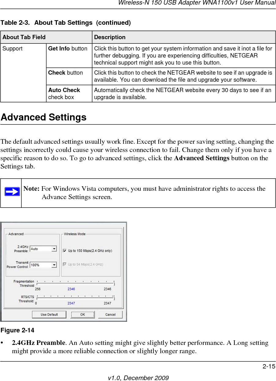 Wireless-N 150 USB Adapter WNA1100v1 User Manual2-16v1.0, December 2009•Transmit Rate. Lowering the rate reduces the chance of interference with other nearby access points but also reduces the range of your adapter.•Wireless Mode. Depending on your wireless adapter, you can choose some of the available 802.11 wireless protocols.•Fragmentation Threshold. This is the maximum packet size used for fragmentation. Packets larger than the size programmed in this field are fragmented. The FragmentationThreshold value must be larger than the RTS Threshold value.•RTS/CTS Threshold. The packet size that is used to determine whether it should use the CSMA/CA (Carrier Sense Multiple Access with Collision Avoidance) mechanism for wireless packet transmission.