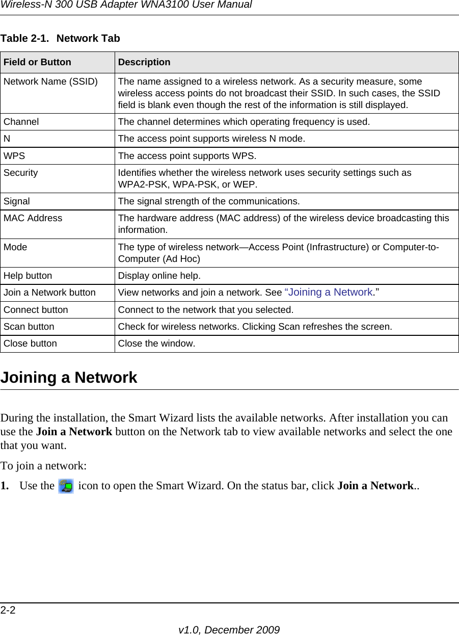 Wireless-N 300 USB Adapter WNA3100 User Manual2-2v1.0, December 2009Joining a NetworkDuring the installation, the Smart Wizard lists the available networks. After installation you can use the Join a Network button on the Network tab to view available networks and select the one that you want. To join a network:1. Use the   icon to open the Smart Wizard. On the status bar, click Join a Network..Table 2-1.  Network TabField or Button DescriptionNetwork Name (SSID) The name assigned to a wireless network. As a security measure, some wireless access points do not broadcast their SSID. In such cases, the SSID field is blank even though the rest of the information is still displayed.Channel The channel determines which operating frequency is used.N The access point supports wireless N mode.WPS The access point supports WPS.Security Identifies whether the wireless network uses security settings such as WPA2-PSK, WPA-PSK, or WEP.Signal The signal strength of the communications.MAC Address The hardware address (MAC address) of the wireless device broadcasting this information.Mode The type of wireless network—Access Point (Infrastructure) or Computer-to-Computer (Ad Hoc)Help button Display online help.Join a Network button View networks and join a network. See “Joining a Network.”Connect button Connect to the network that you selected.Scan button Check for wireless networks. Clicking Scan refreshes the screen.Close button Close the window.